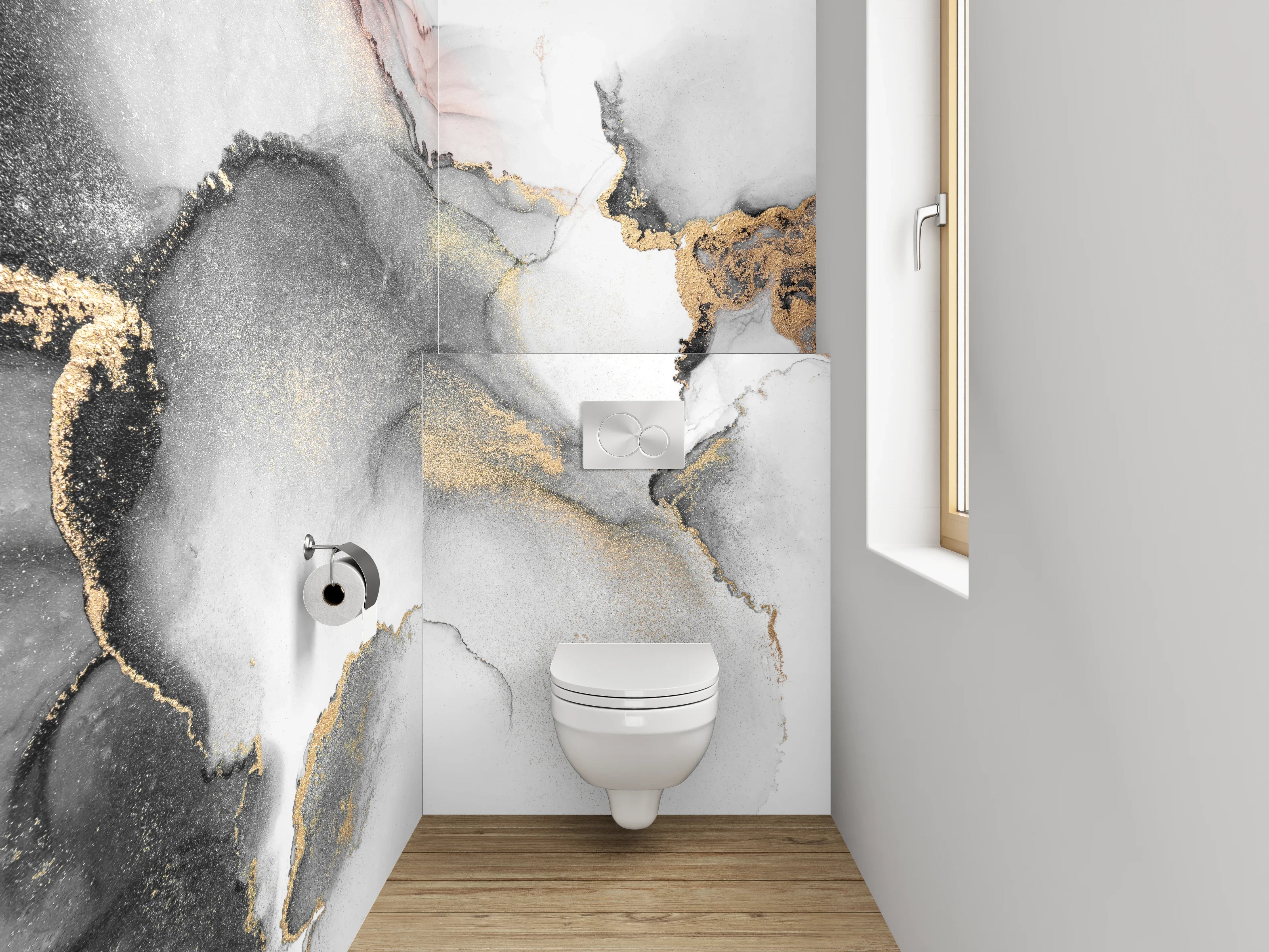 WC-Rückwand - Eleganter Schwarz-Weiß Gold Aquarell-Look