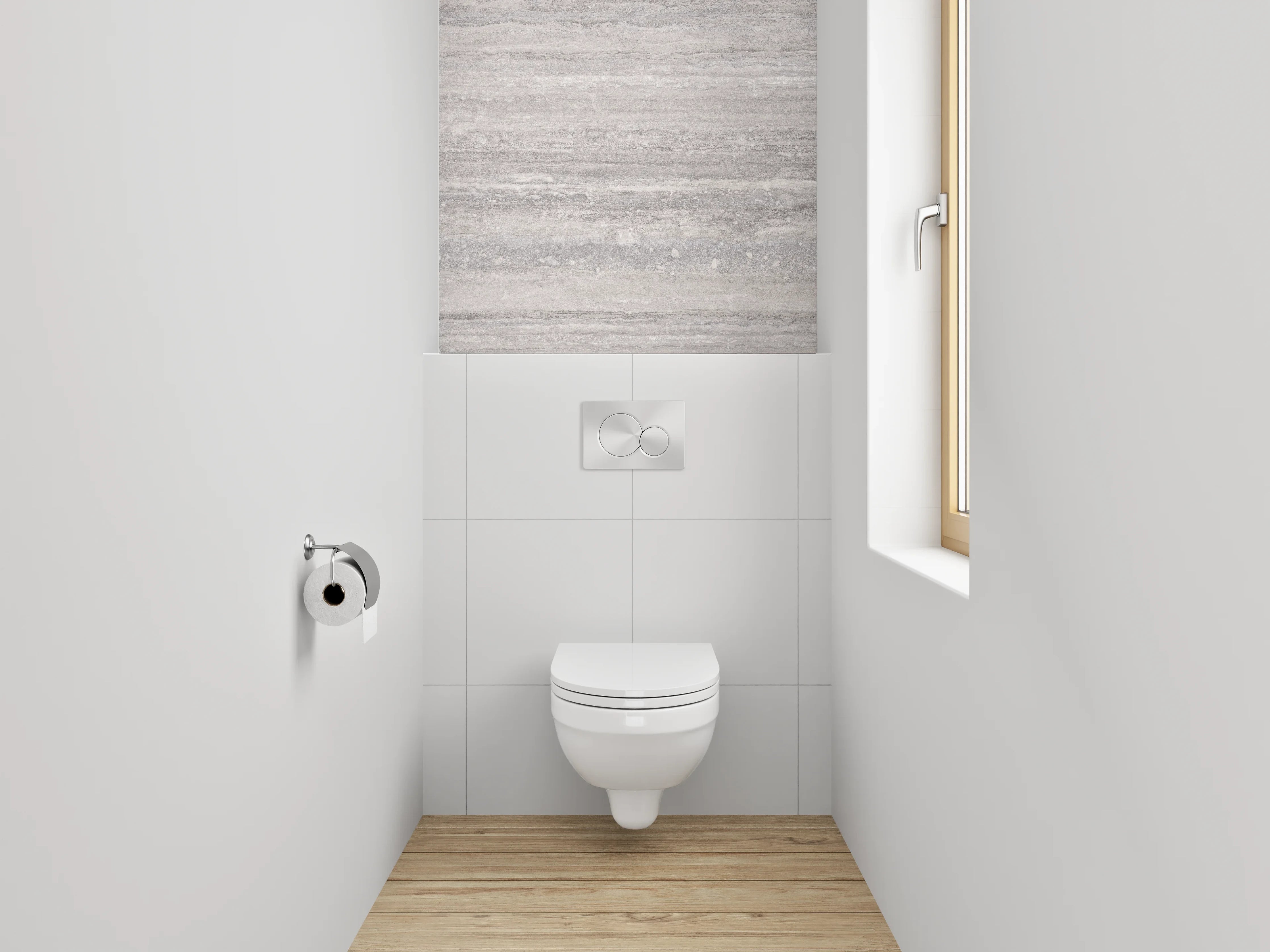 WC-Rückwand - Eleganter Travertin-Look in Grau-Weiß