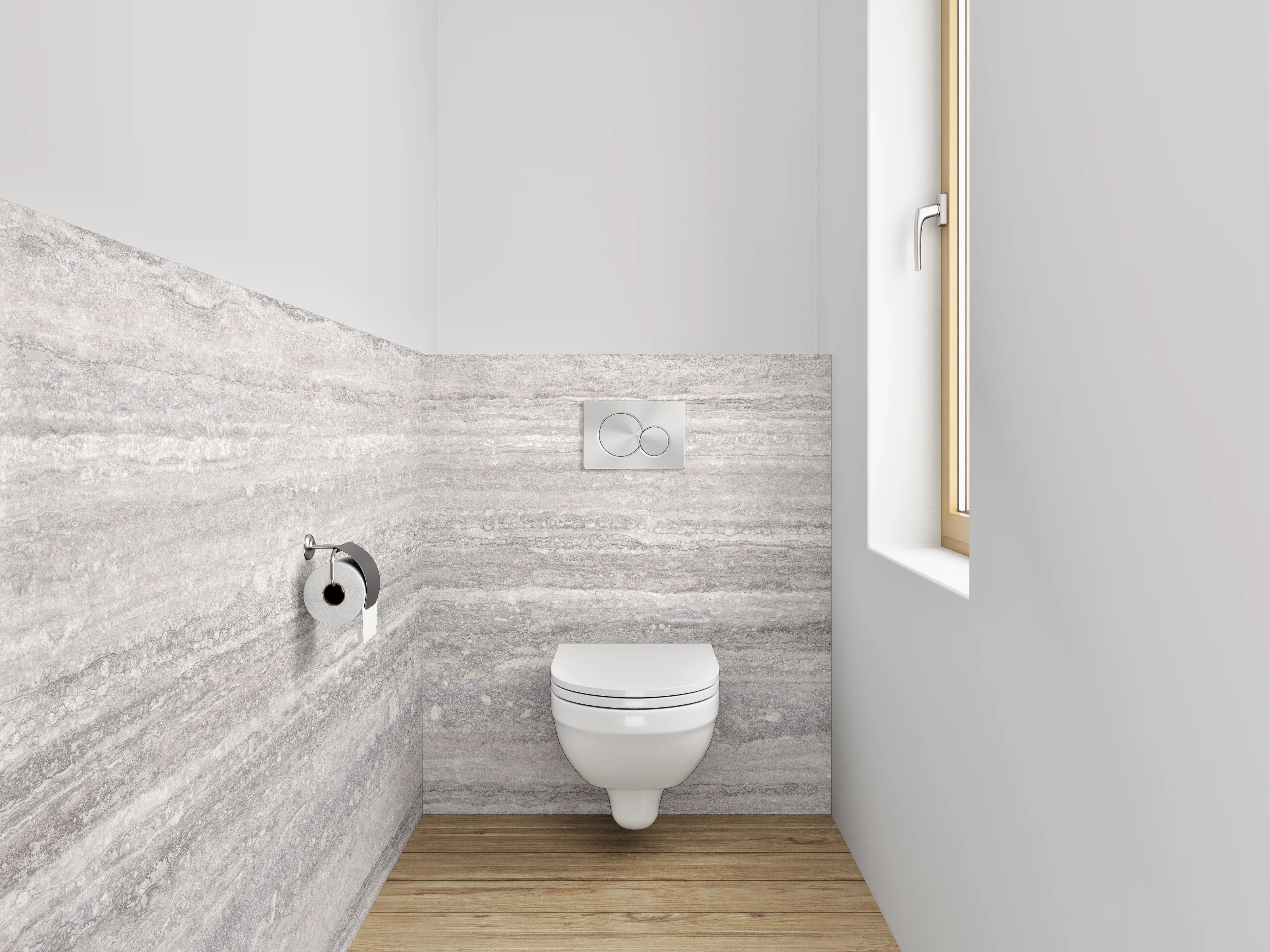 WC-Rückwand - Eleganter Travertin-Look in Grau-Weiß