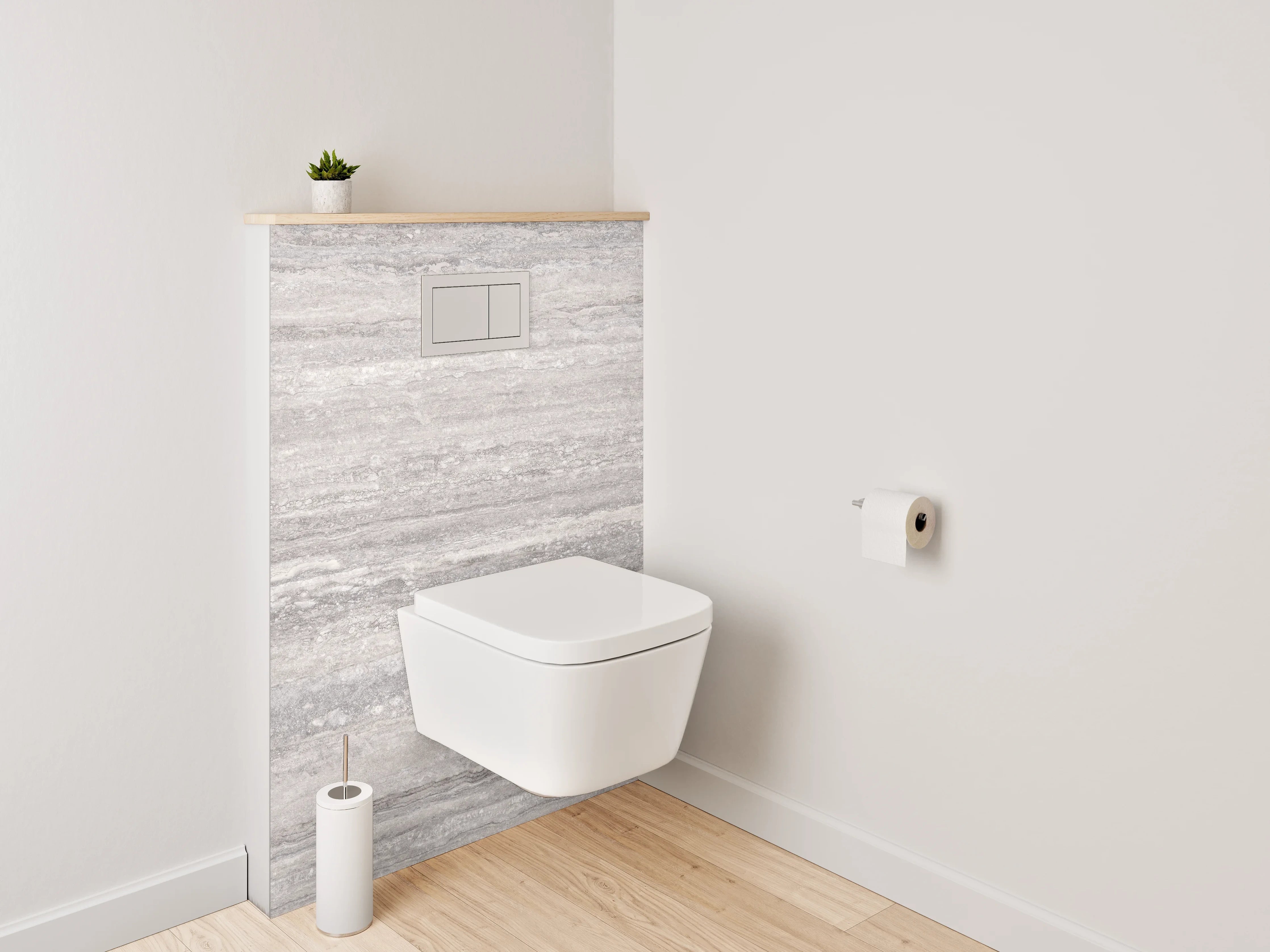 WC-Rückwand - Eleganter Travertin-Look in Grau-Weiß