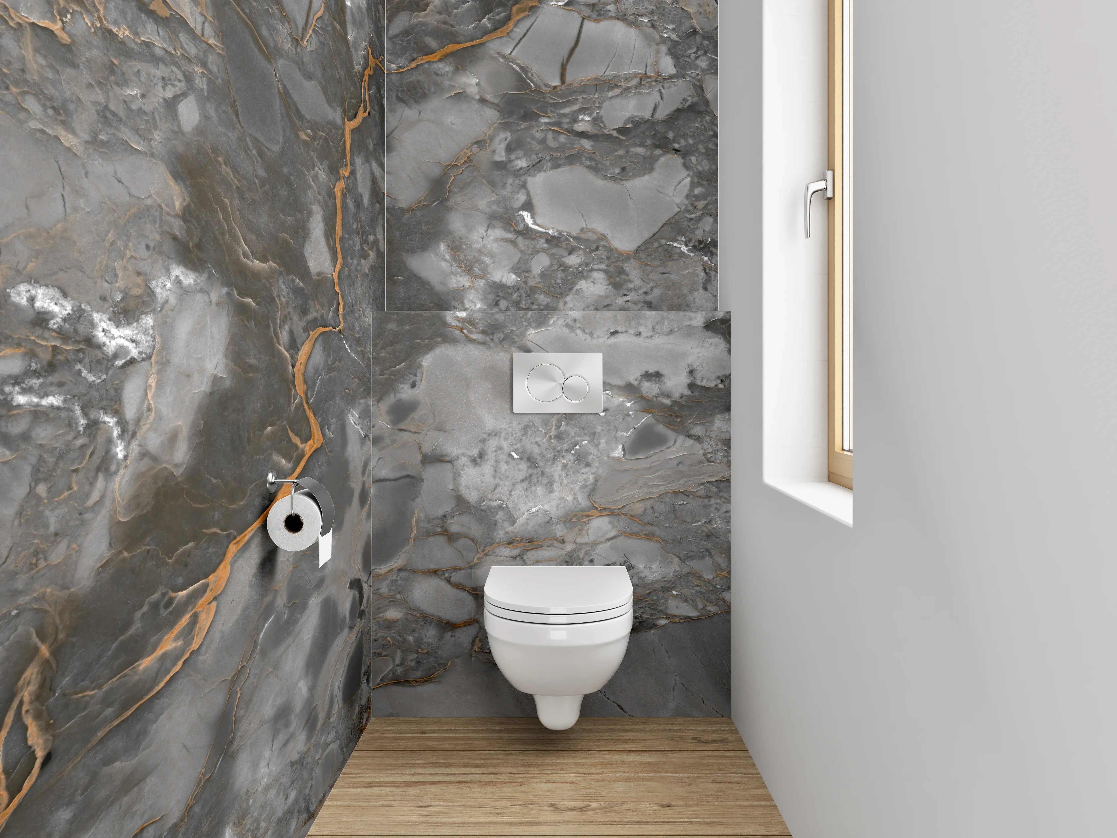 WC-Rückwand - Eleganter grauer Marmor mit Goldadern