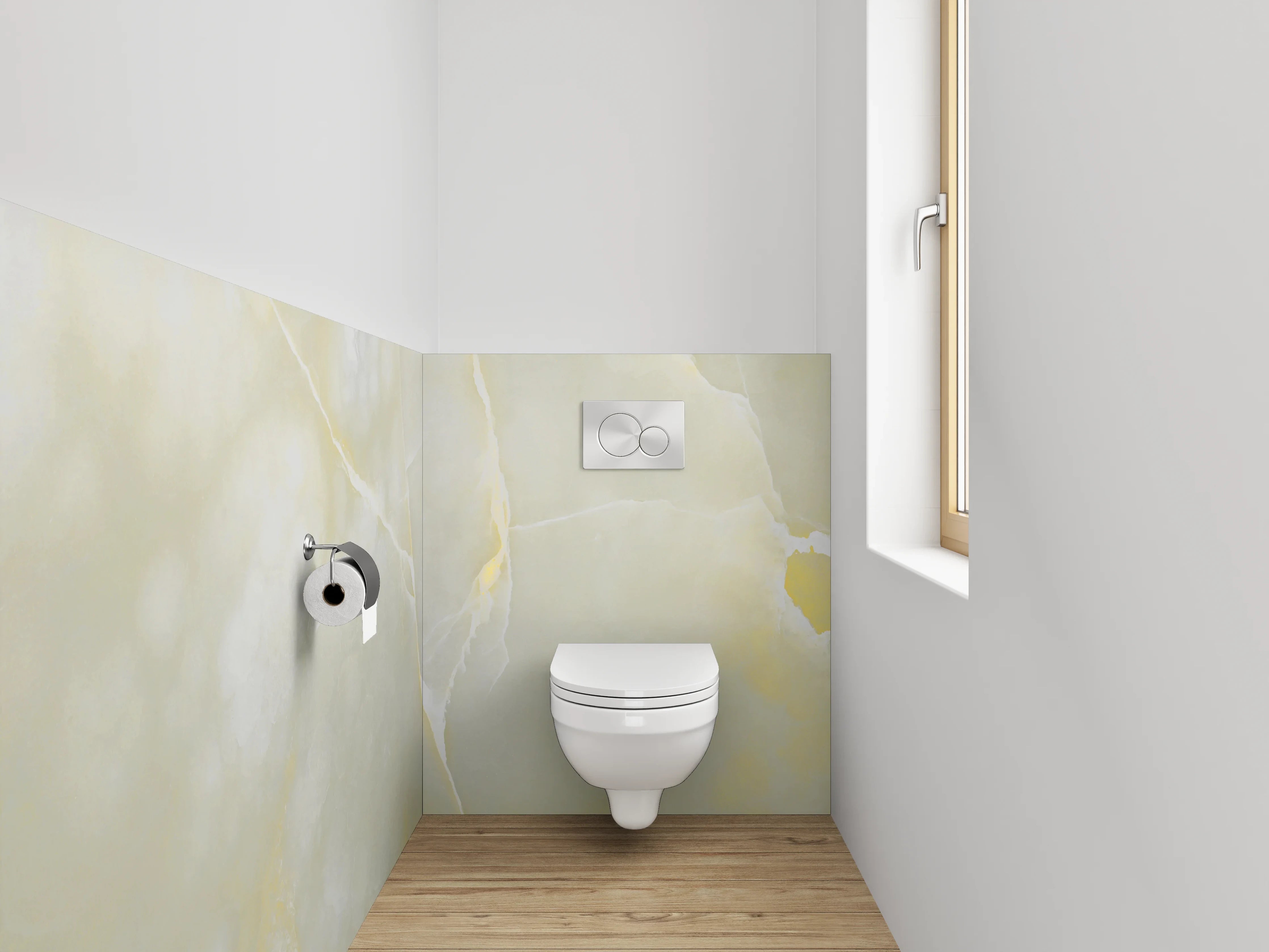 WC-Rückwand - Eleganter weiß-gelber Marmor Look