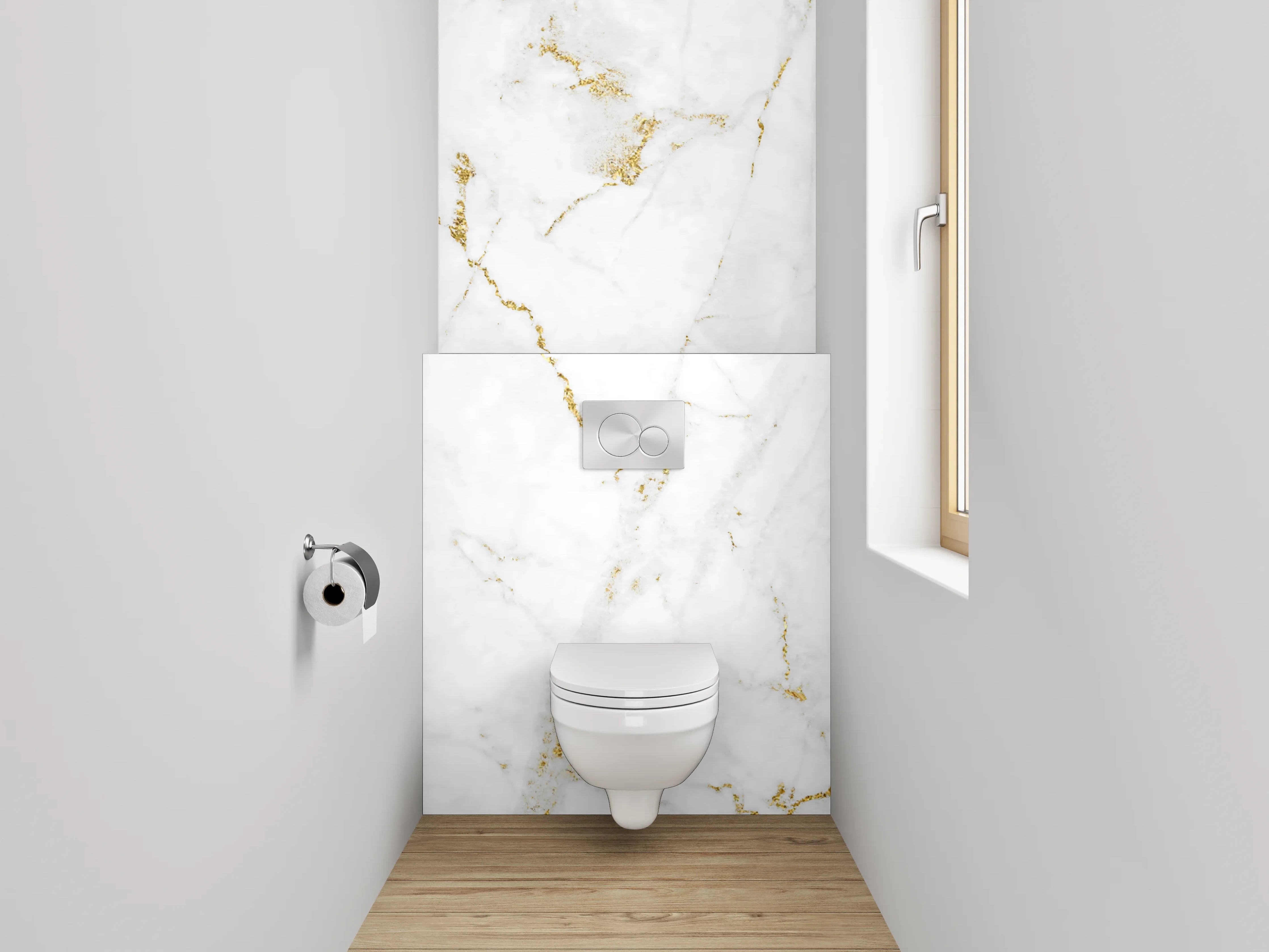 WC-Rückwand - Eleganter weiß-goldener Marmor-Look