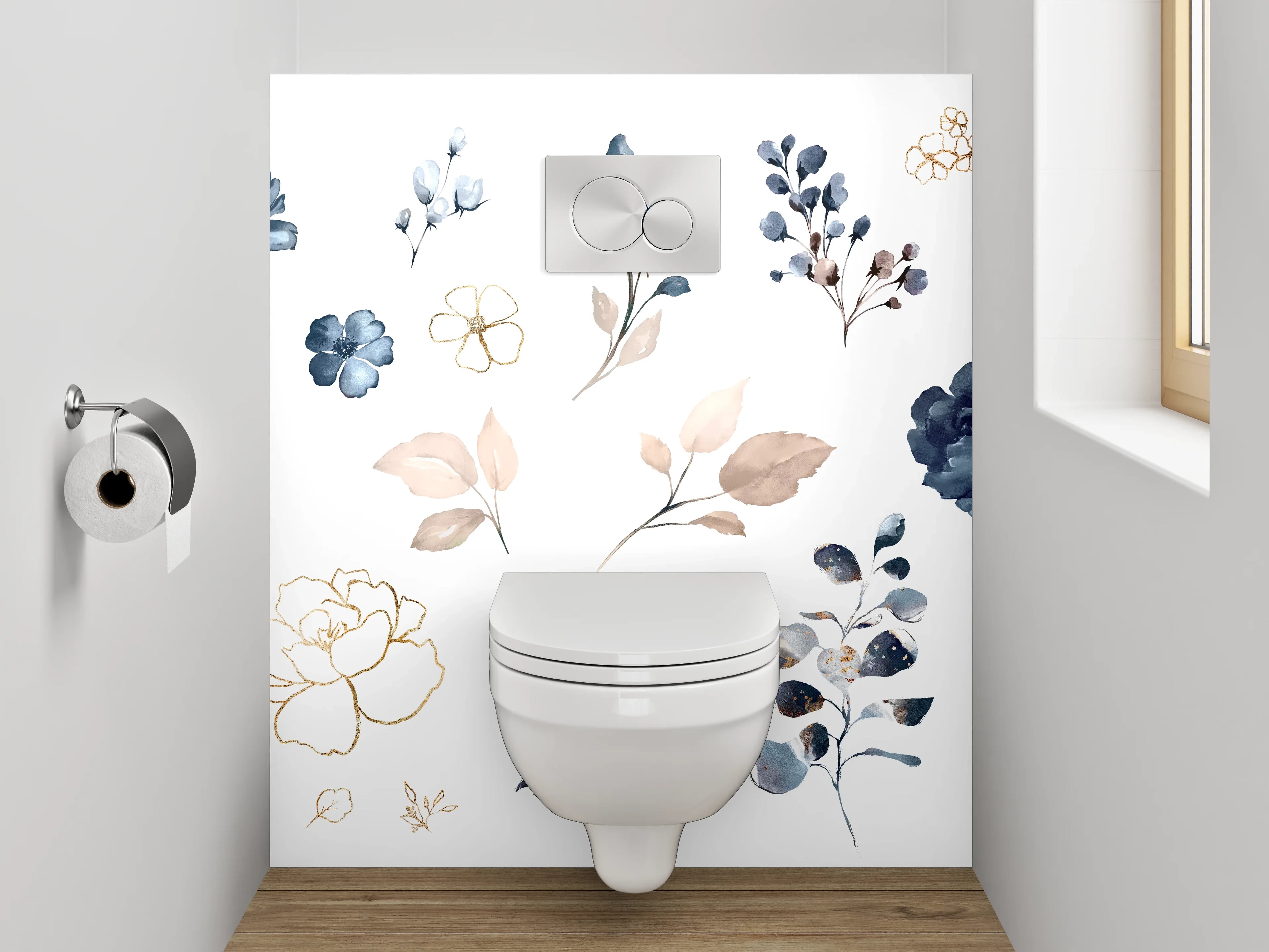 WC-Rückwand - Elegantes Aquarell-Blumenmuster Blau Beige