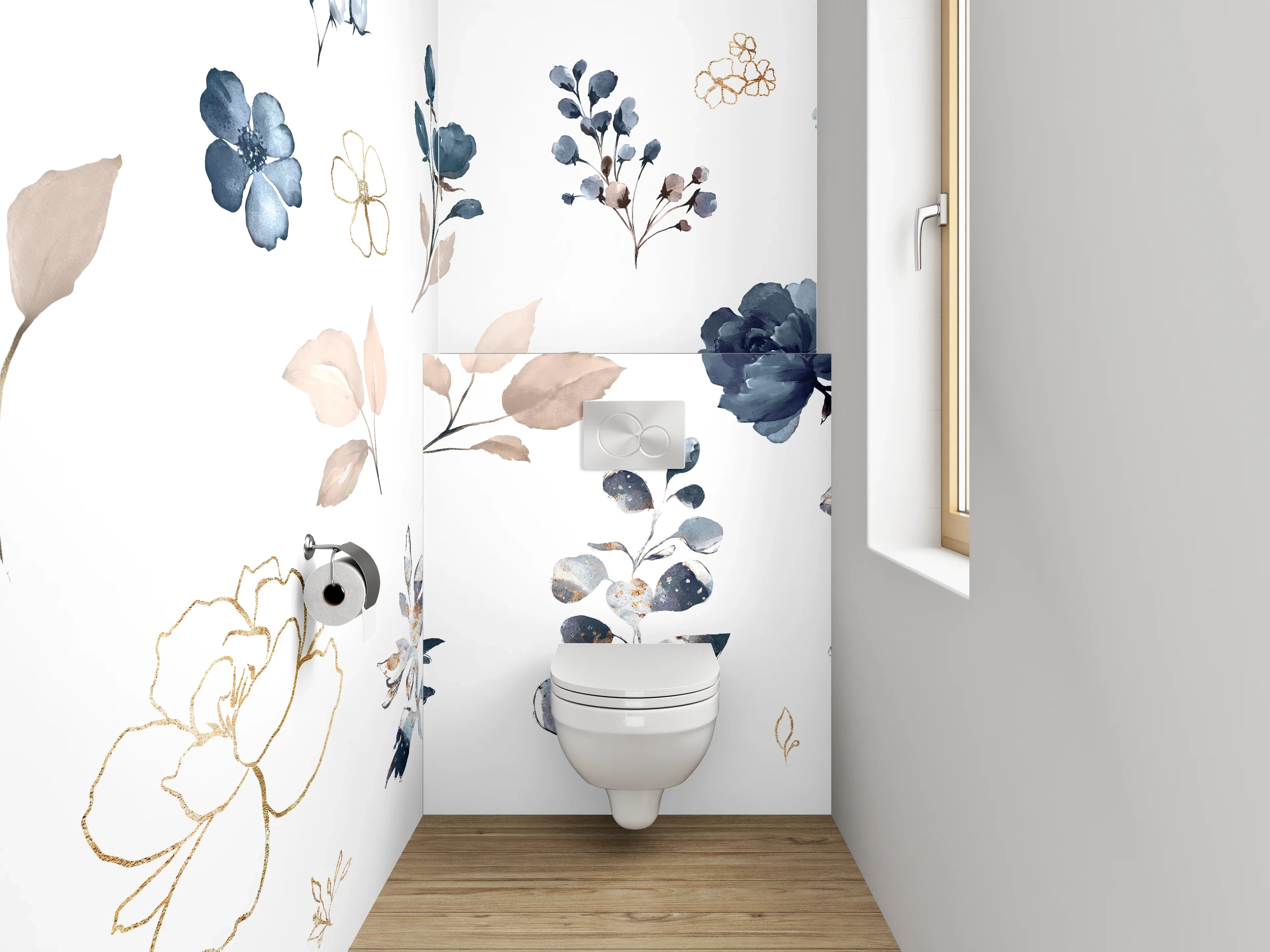 WC-Rückwand - Elegantes Aquarell-Blumenmuster Blau Beige