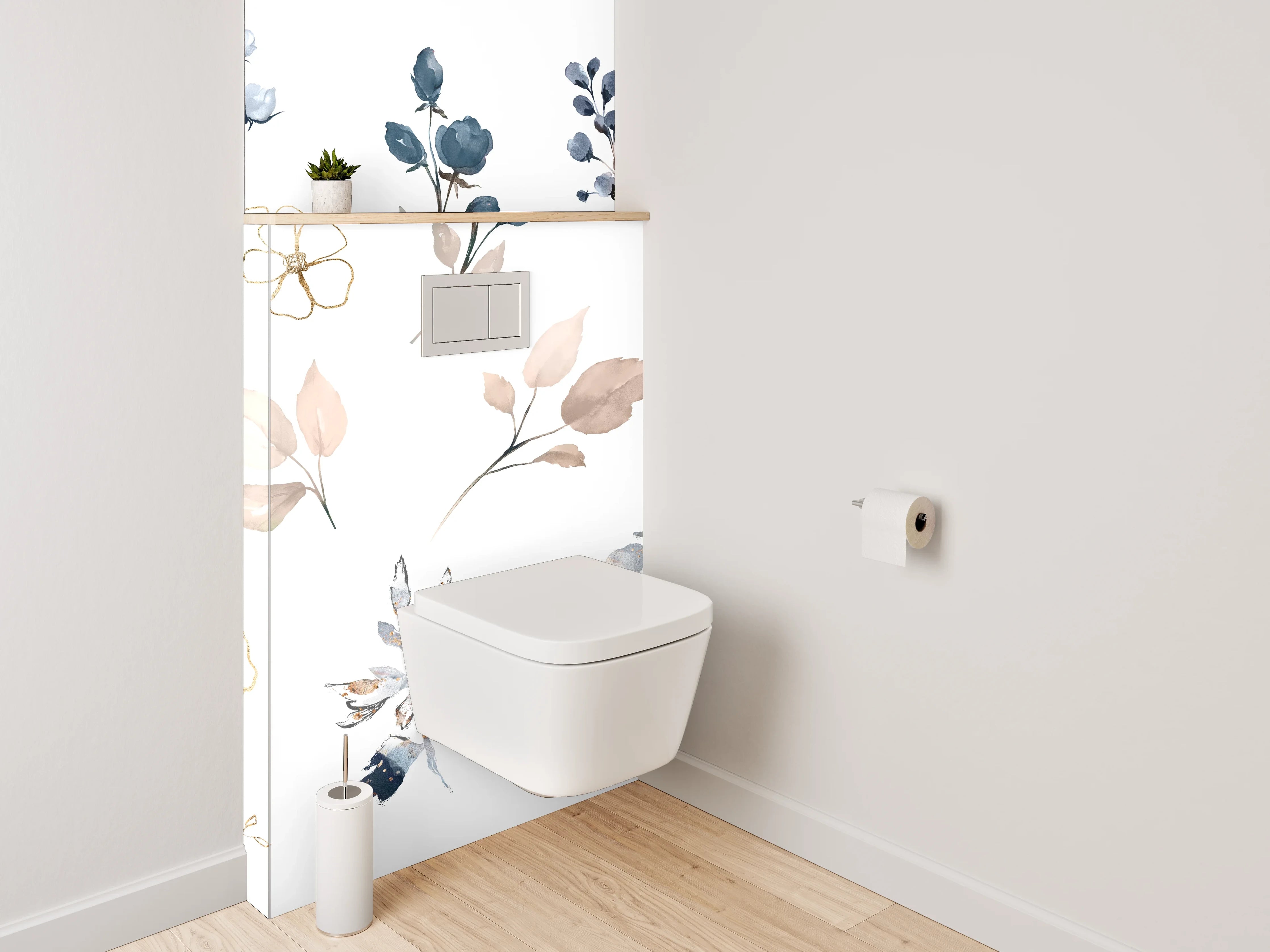 WC-Rückwand - Elegantes Aquarell-Blumenmuster Blau Beige
