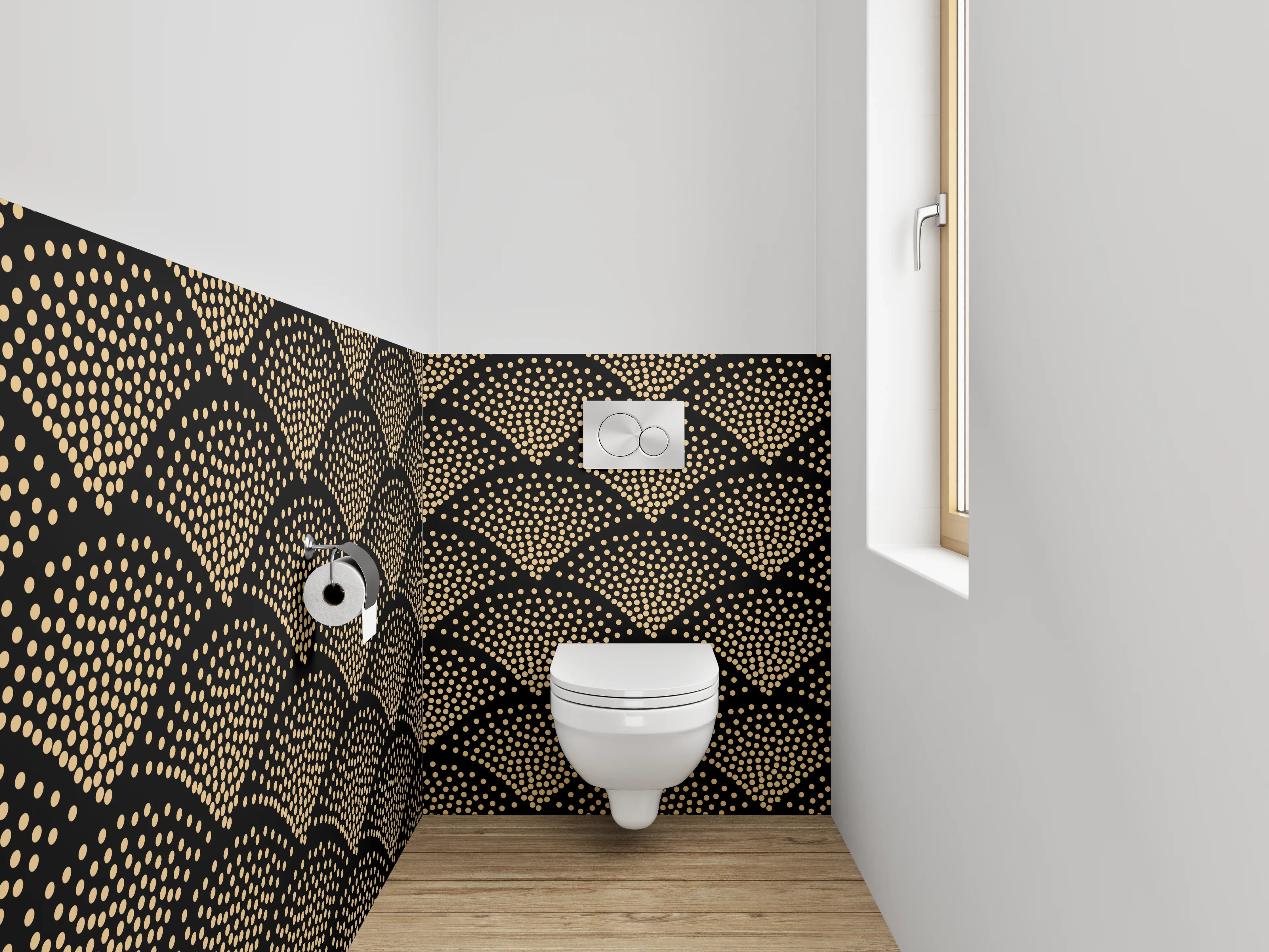 WC-Rückwand - Elegantes Art-Déco Fischschuppen-Muster Gold Schwarz