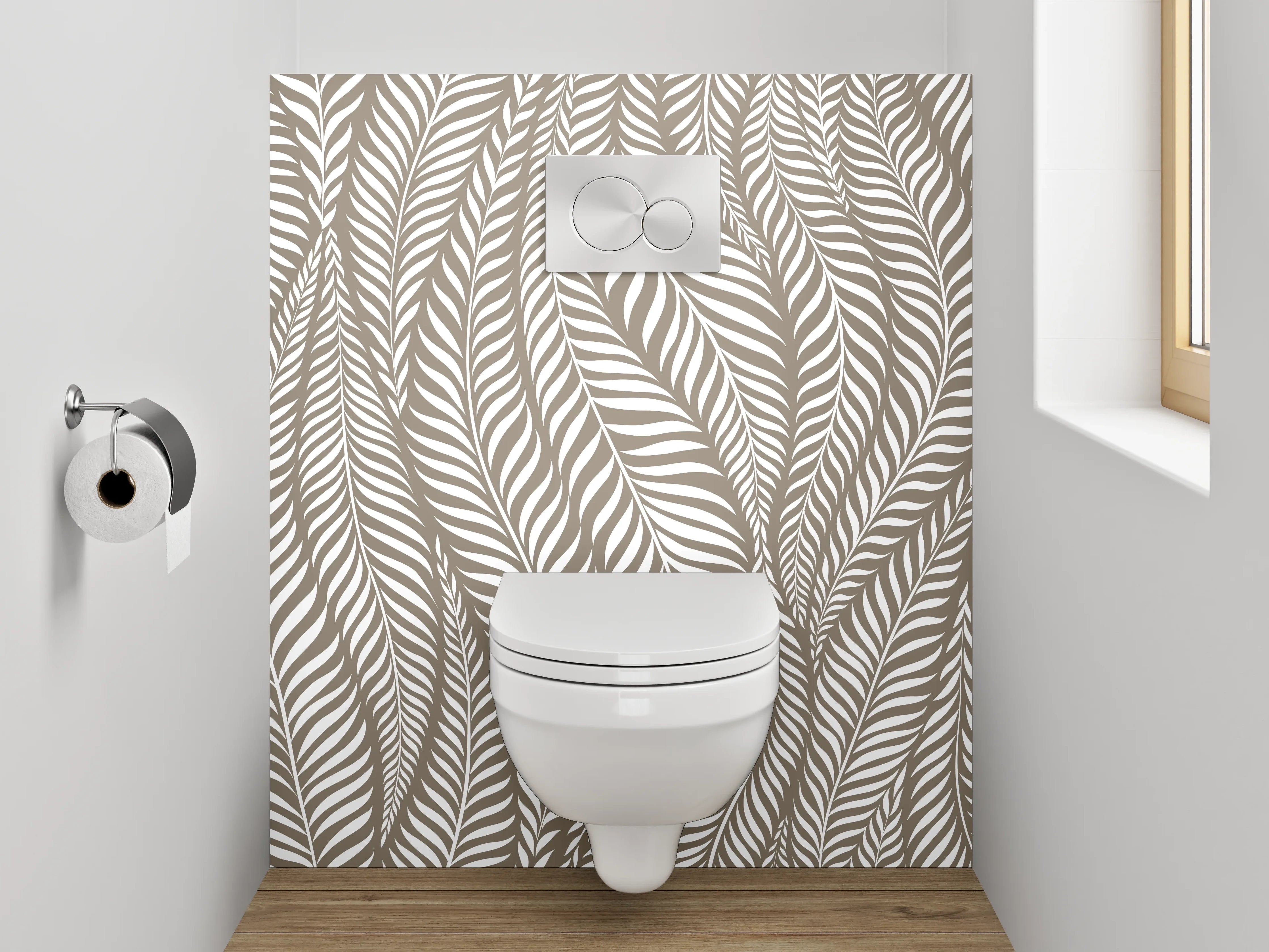 WC-Rückwand - Elegantes Blätter-Muster in Beige-Weiß