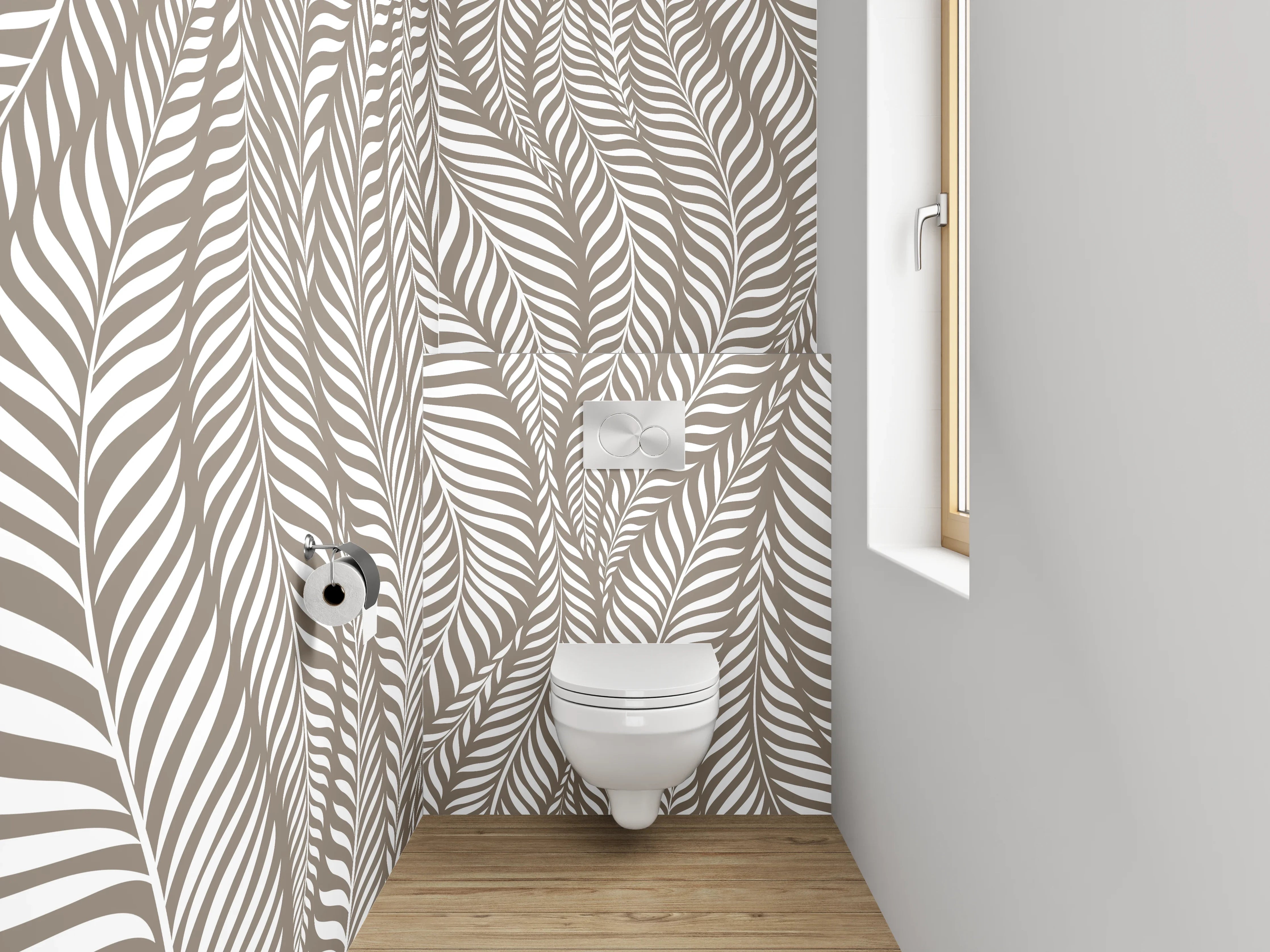 WC-Rückwand - Elegantes Blätter-Muster in Beige-Weiß
