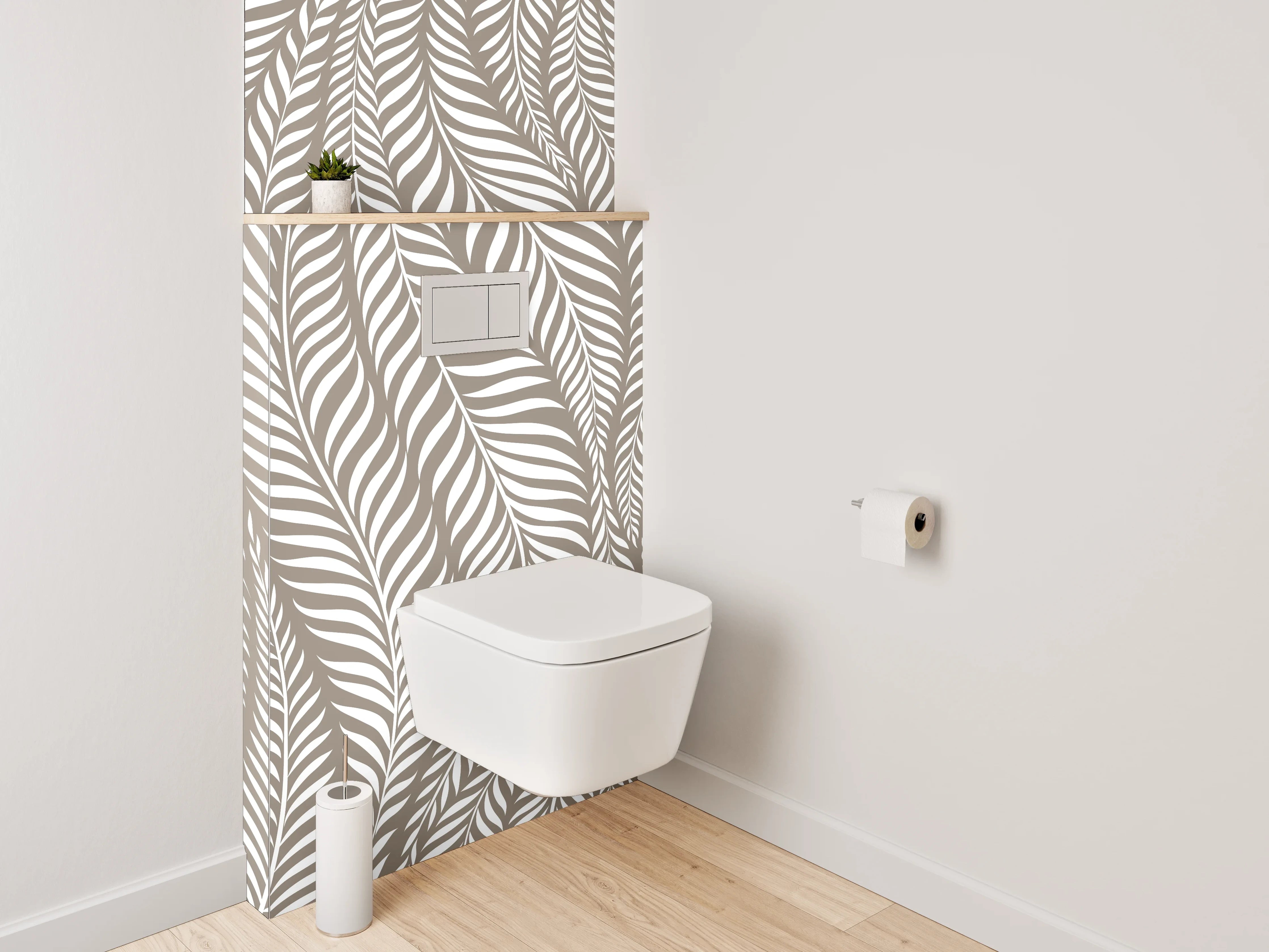 WC-Rückwand - Elegantes Blätter-Muster in Beige-Weiß