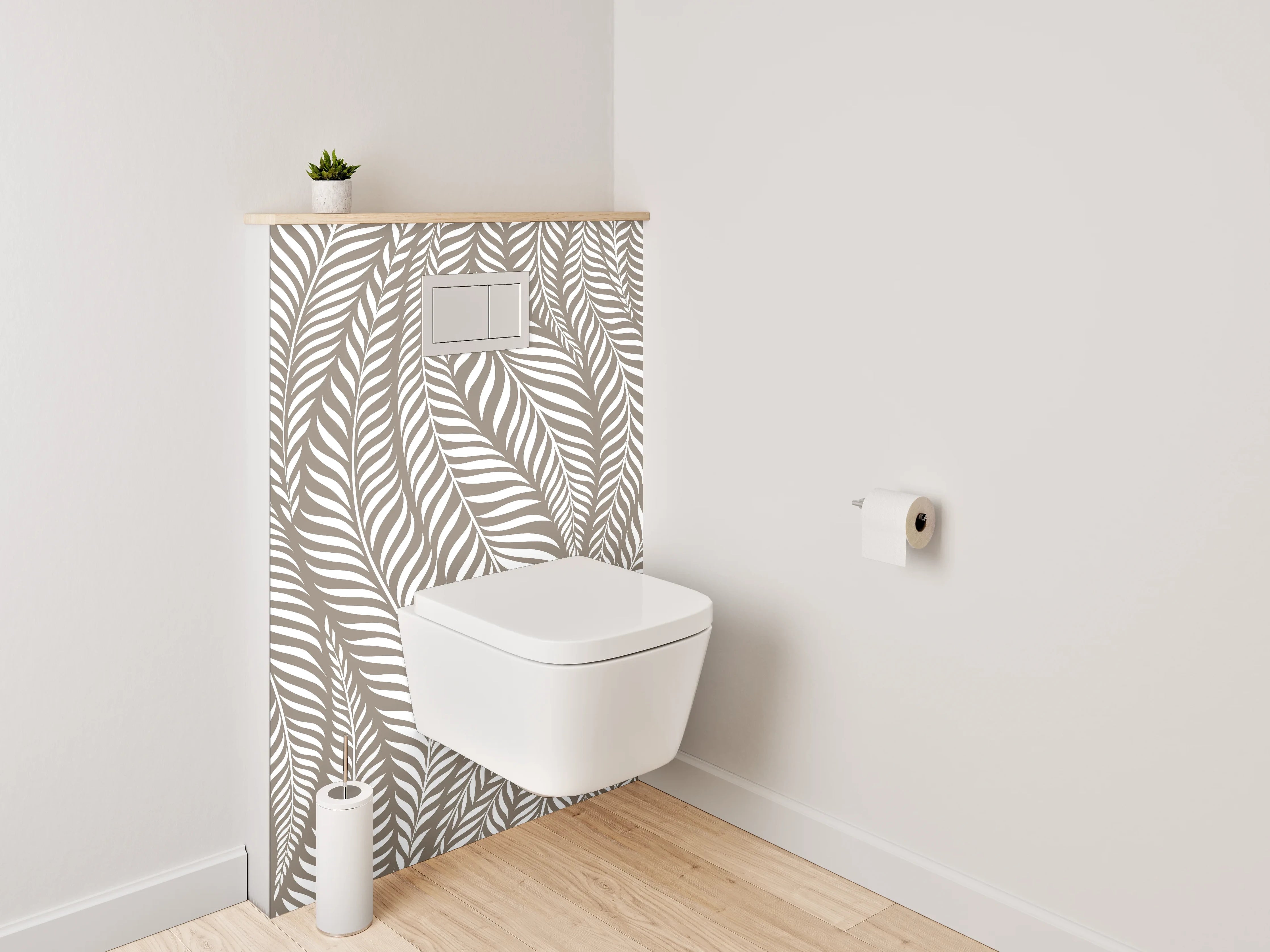 WC-Rückwand - Elegantes Blätter-Muster in Beige-Weiß