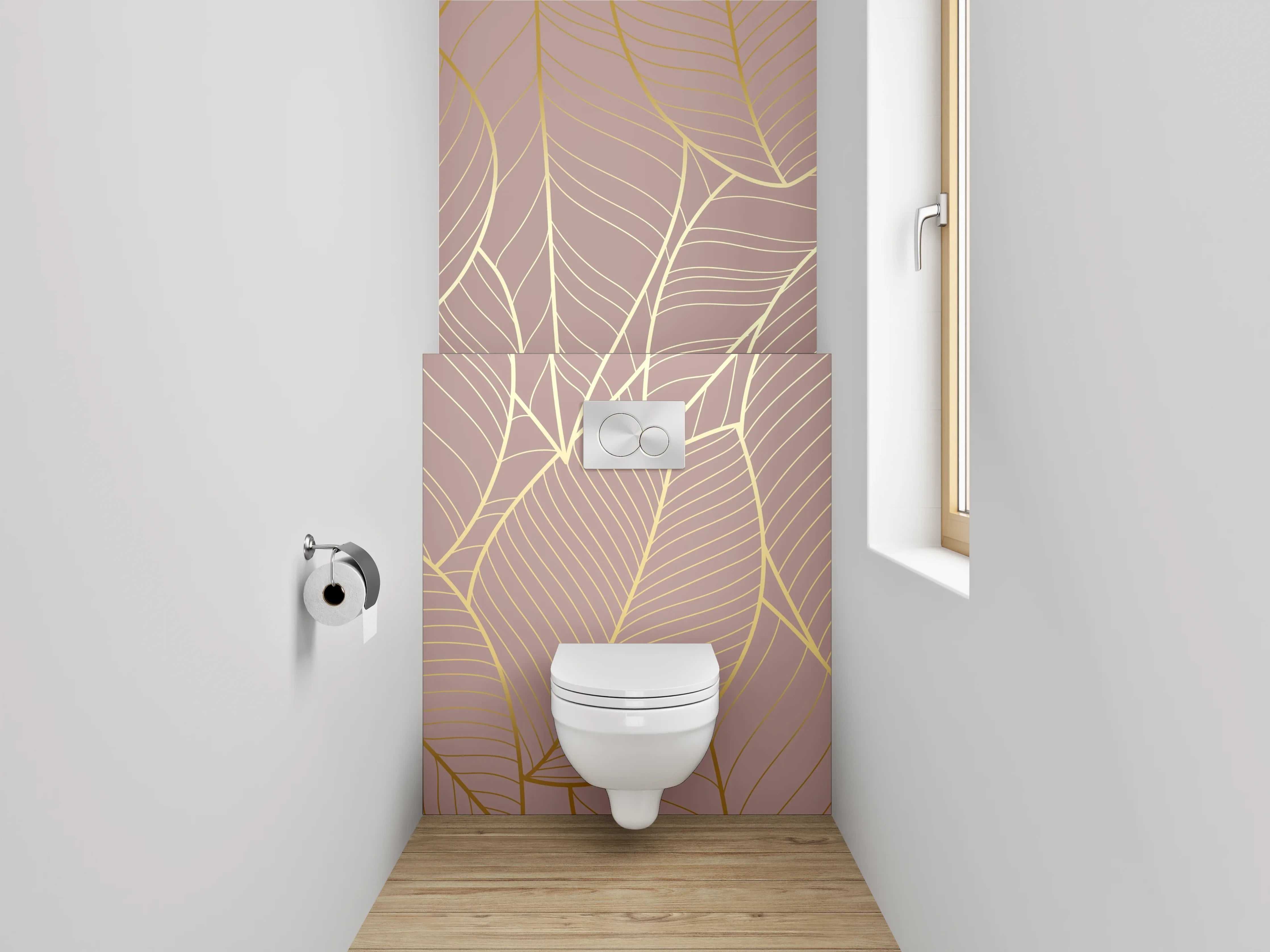 WC-Rückwand - Elegantes Blatt-Design Gold auf Nude