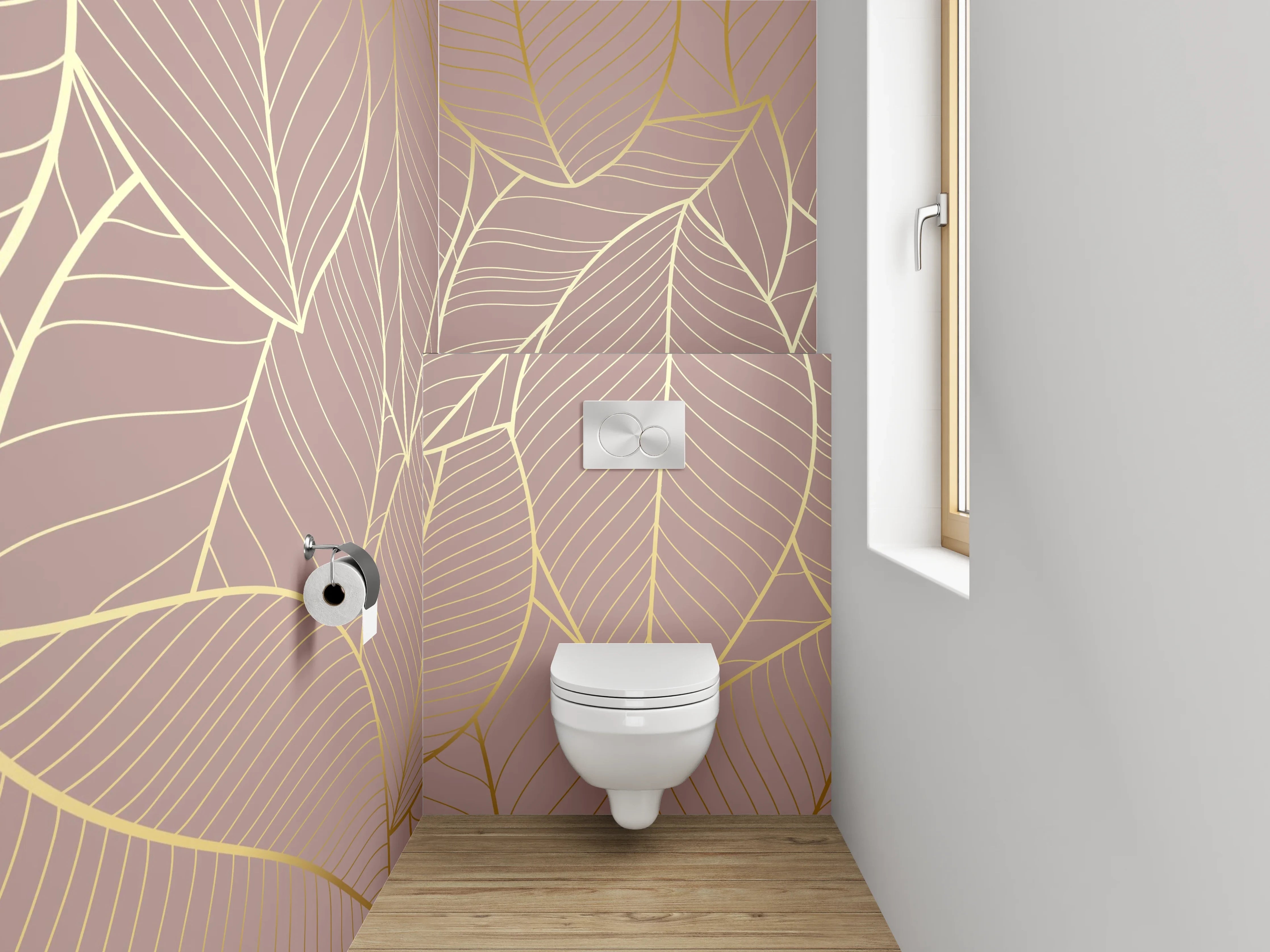 WC-Rückwand - Elegantes Blatt-Design Gold auf Nude