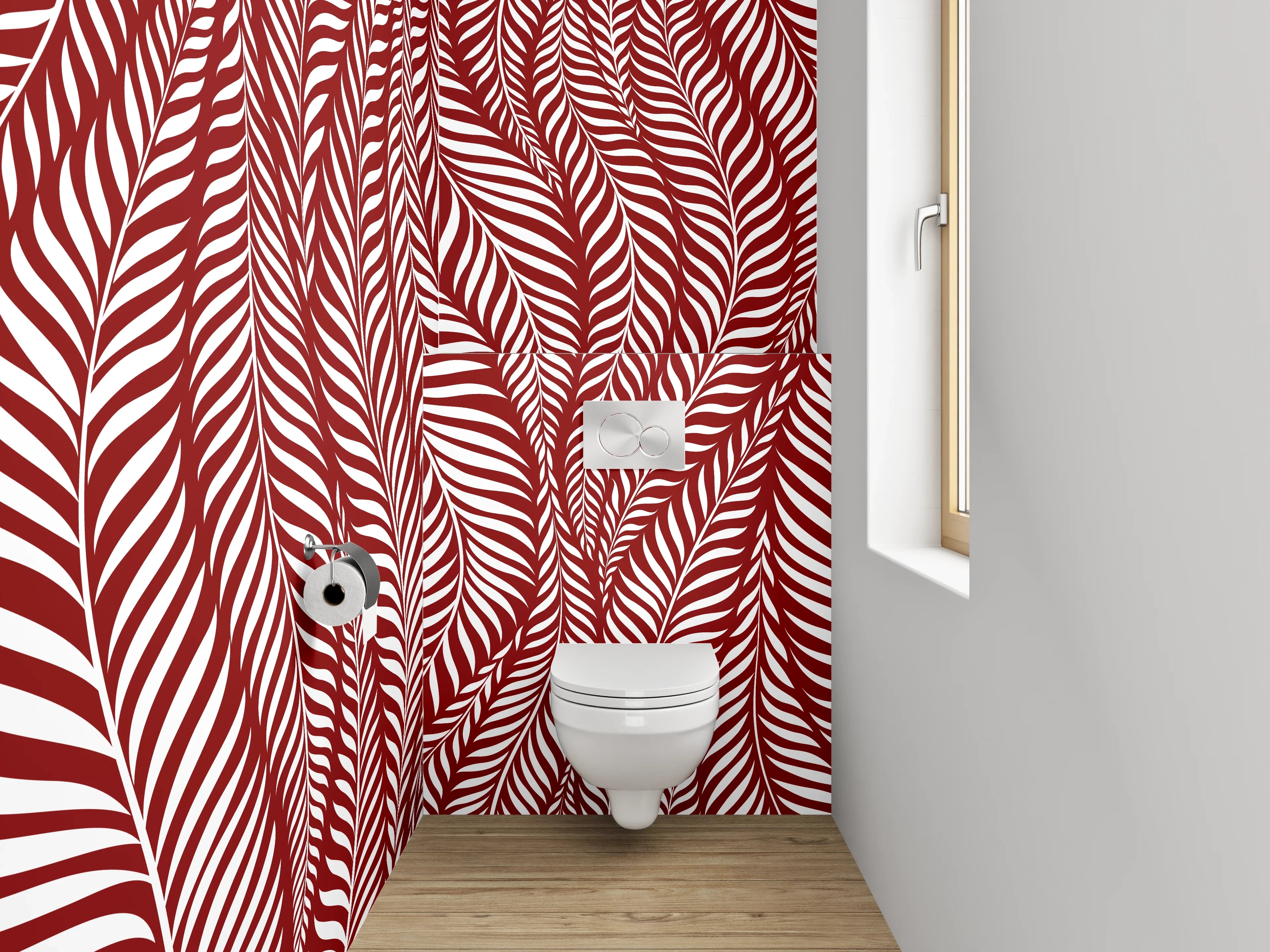 WC-Rückwand - Elegantes Blattmuster Rot Weiß