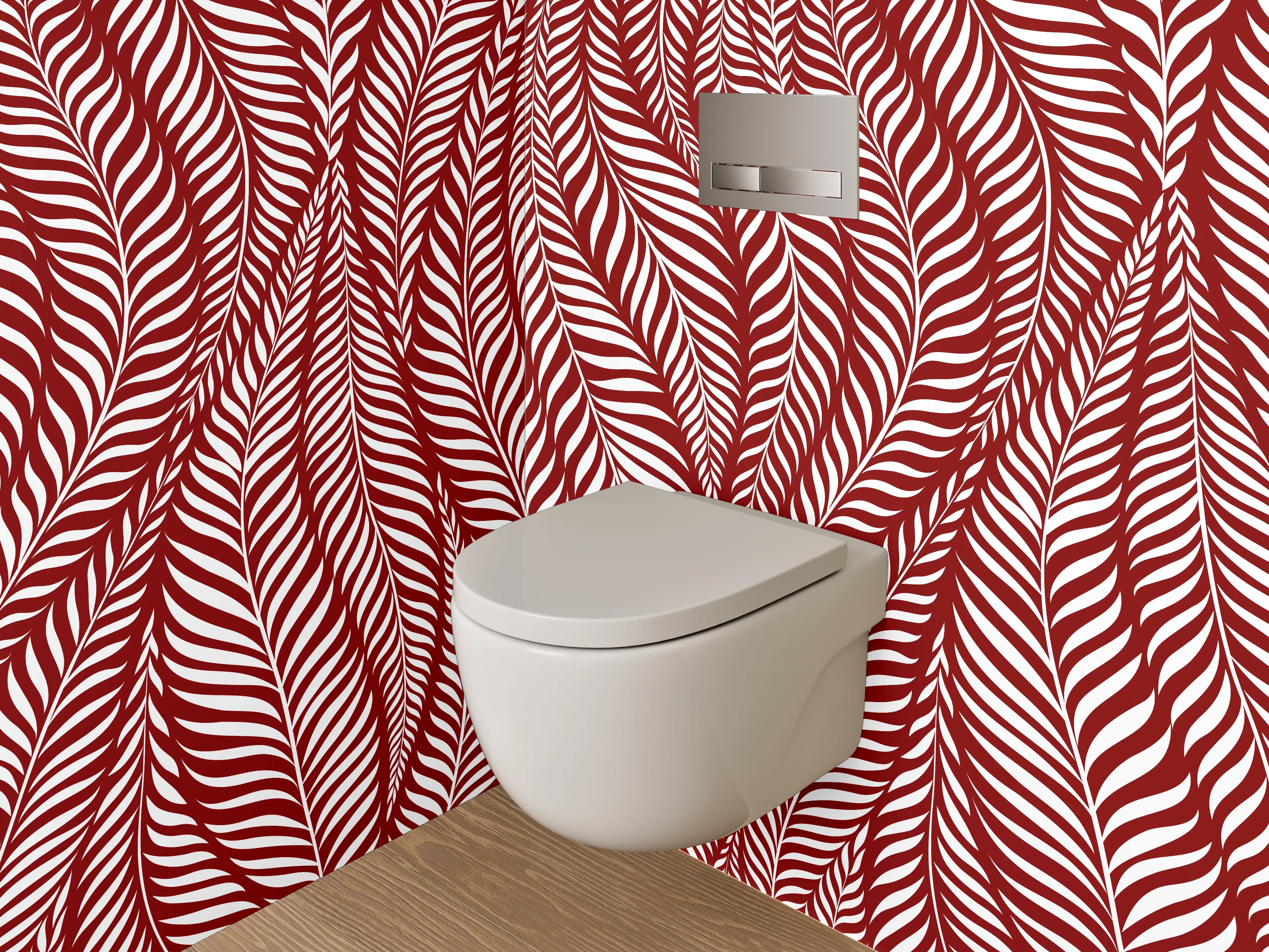 WC-Rückwand - Elegantes Blattmuster Rot Weiß