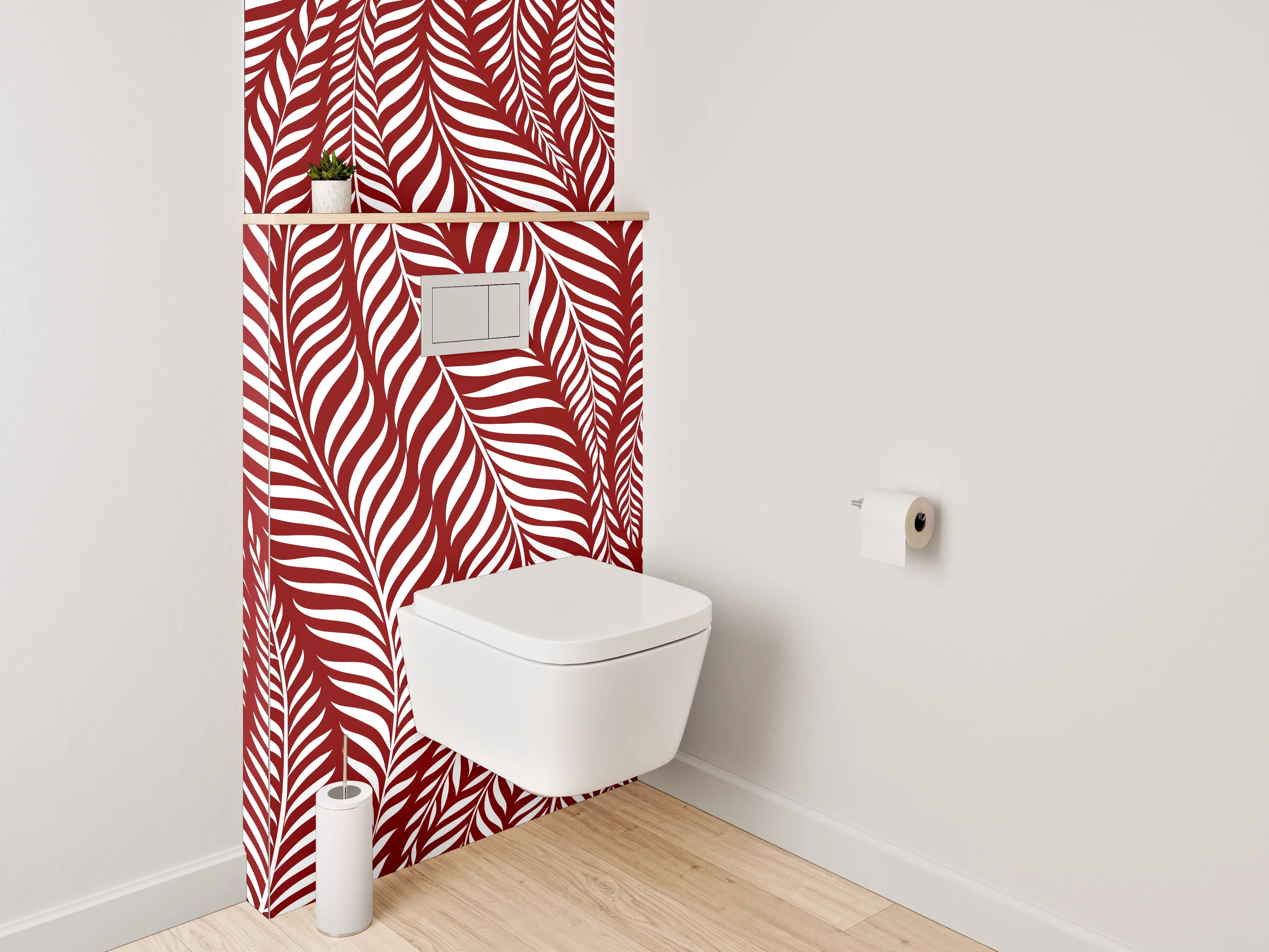 WC-Rückwand - Elegantes Blattmuster Rot Weiß