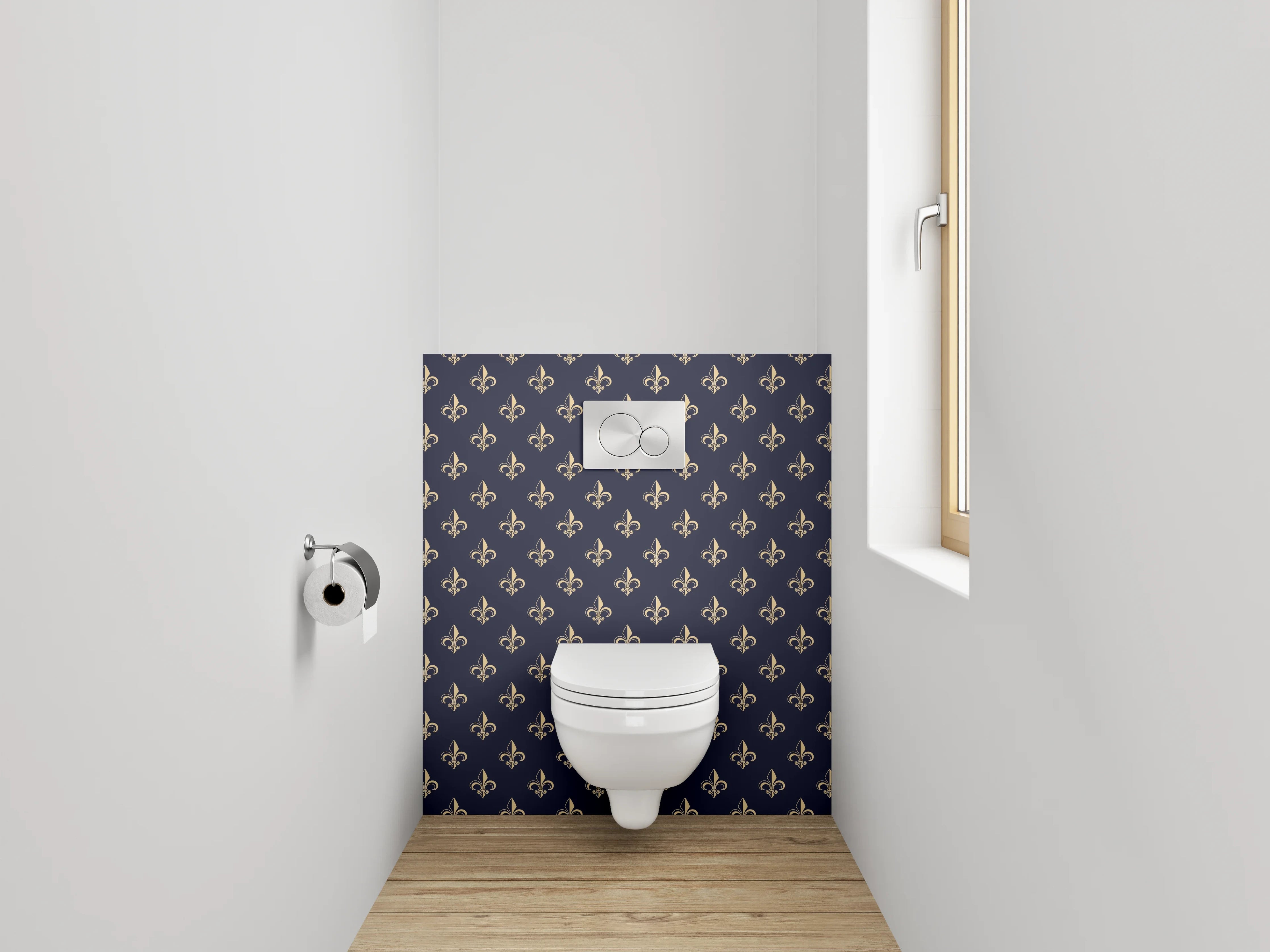 WC-Rückwand - Elegantes Fleur-de-Lis Muster Blau Gold