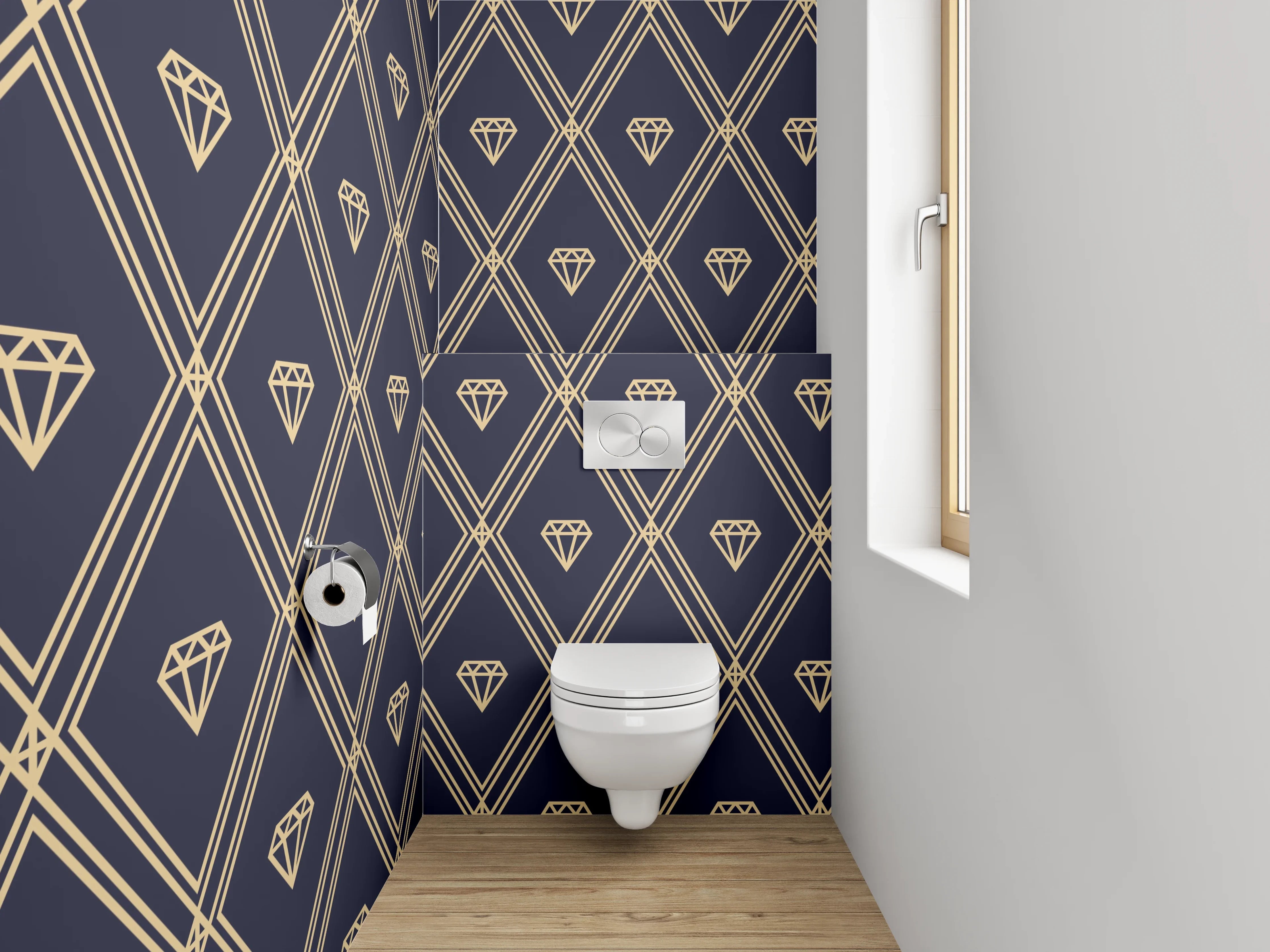 WC-Rückwand - Elegantes Muster im Dunkelblau und Gold