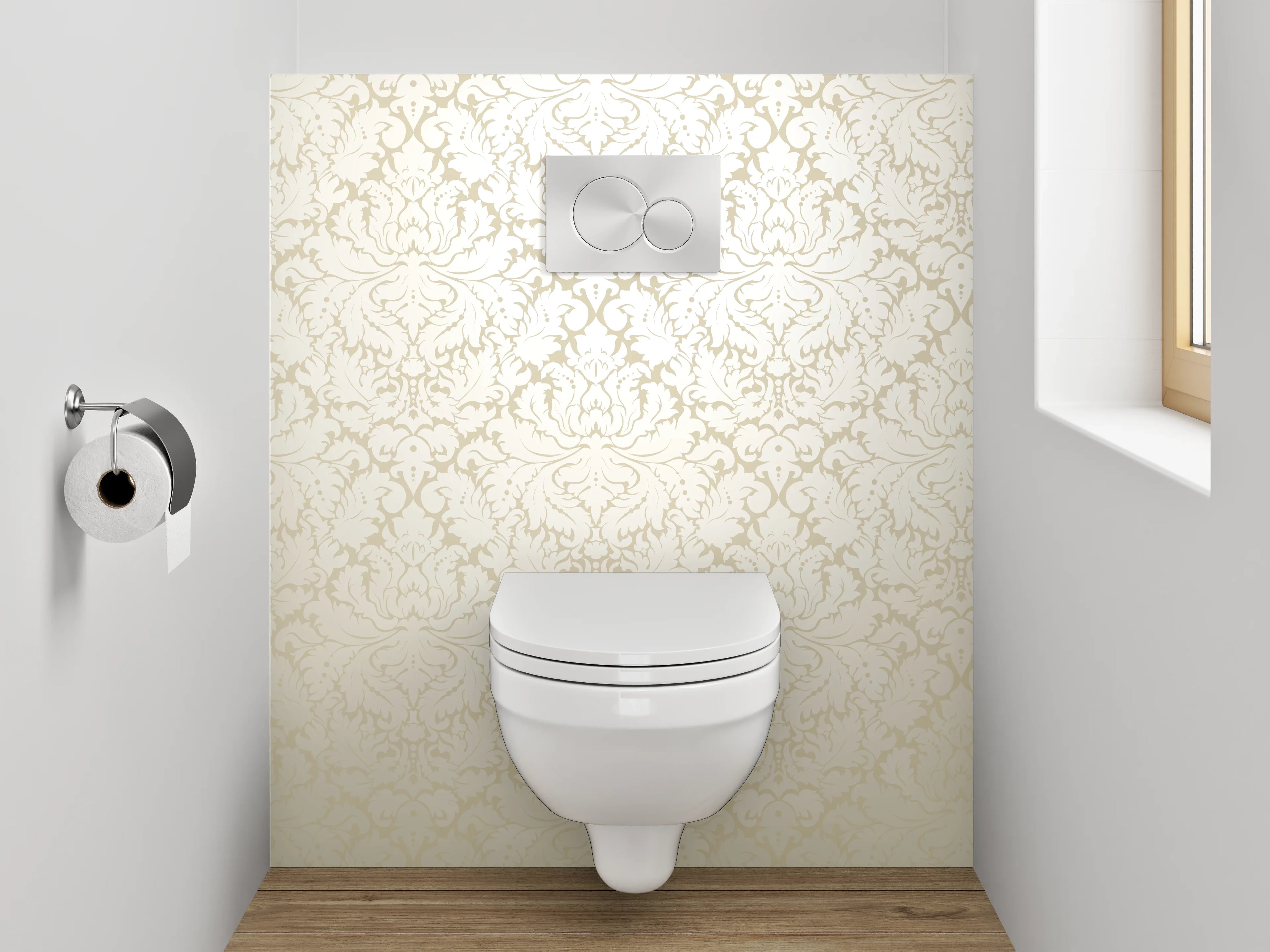 WC-Rückwand - Elegantes Ornament Muster Beige Weiß