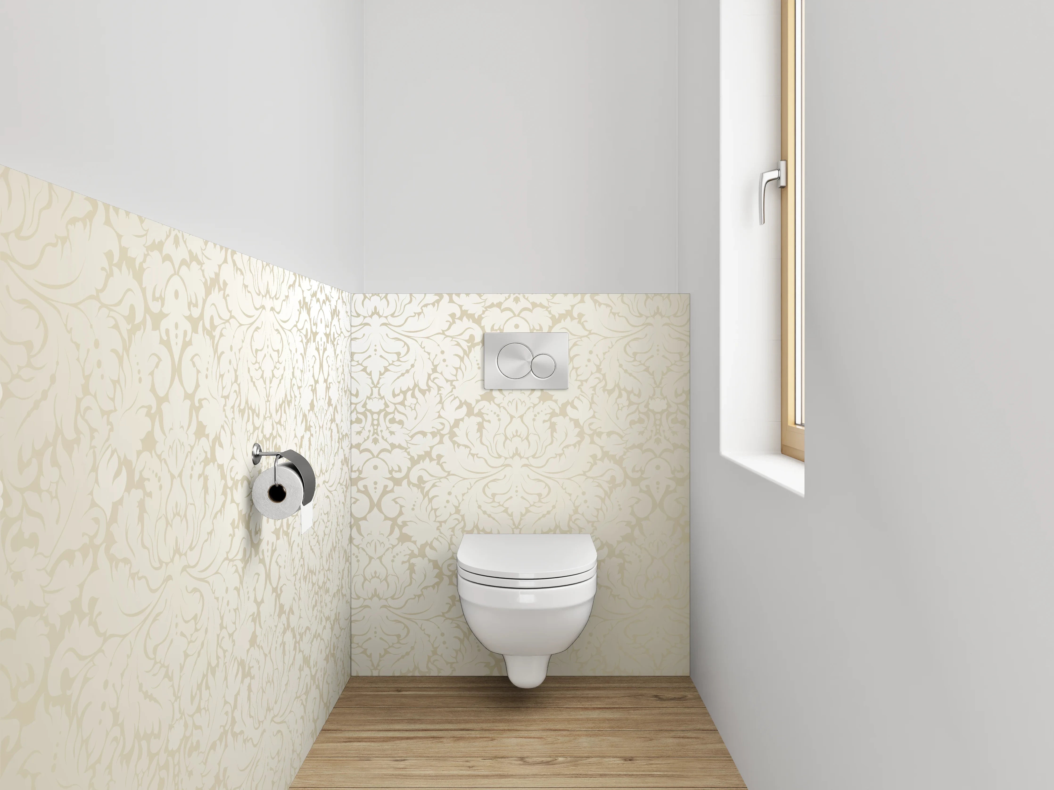 WC-Rückwand - Elegantes Ornament Muster Beige Weiß