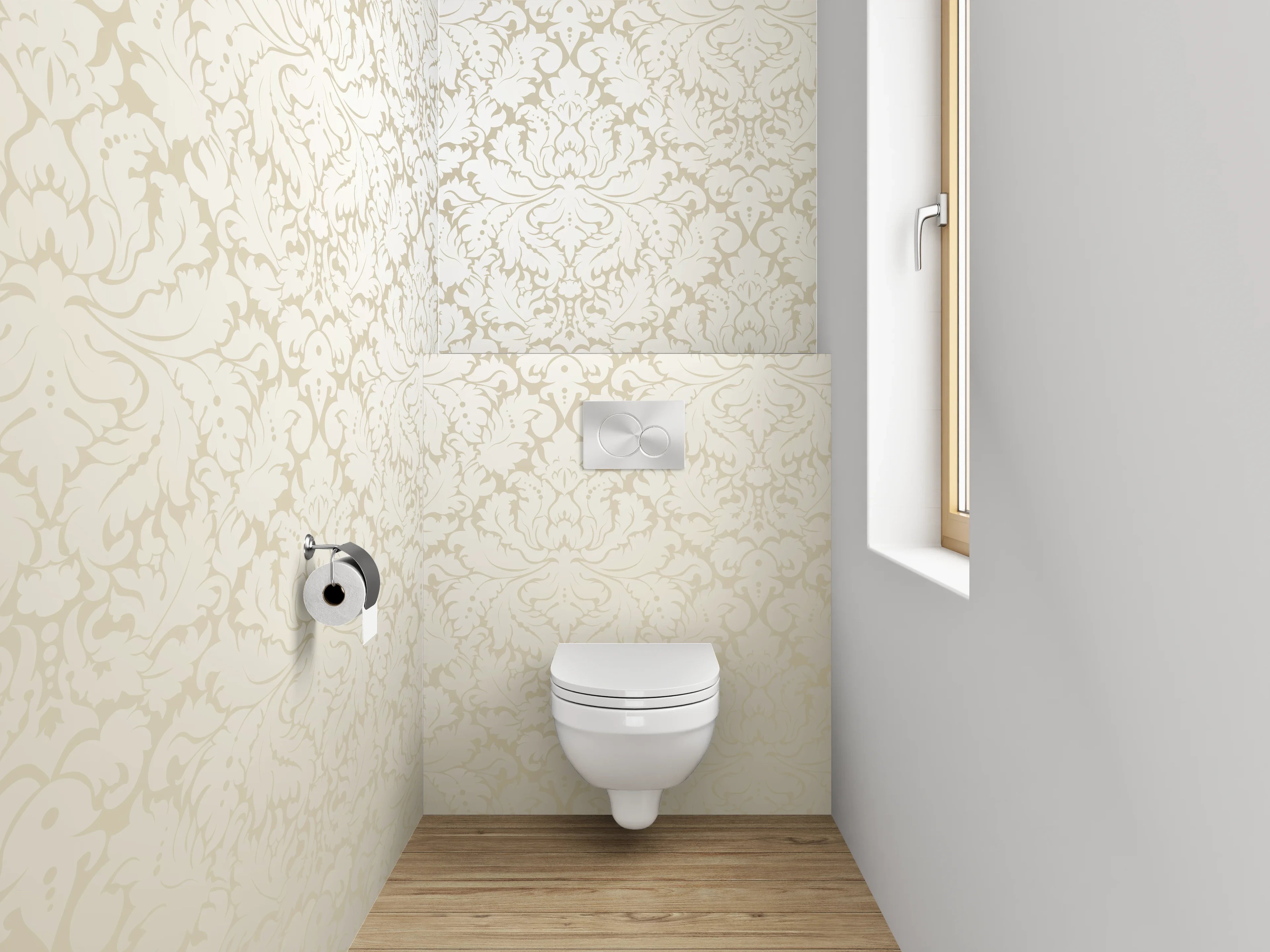 WC-Rückwand - Elegantes Ornament Muster Beige Weiß