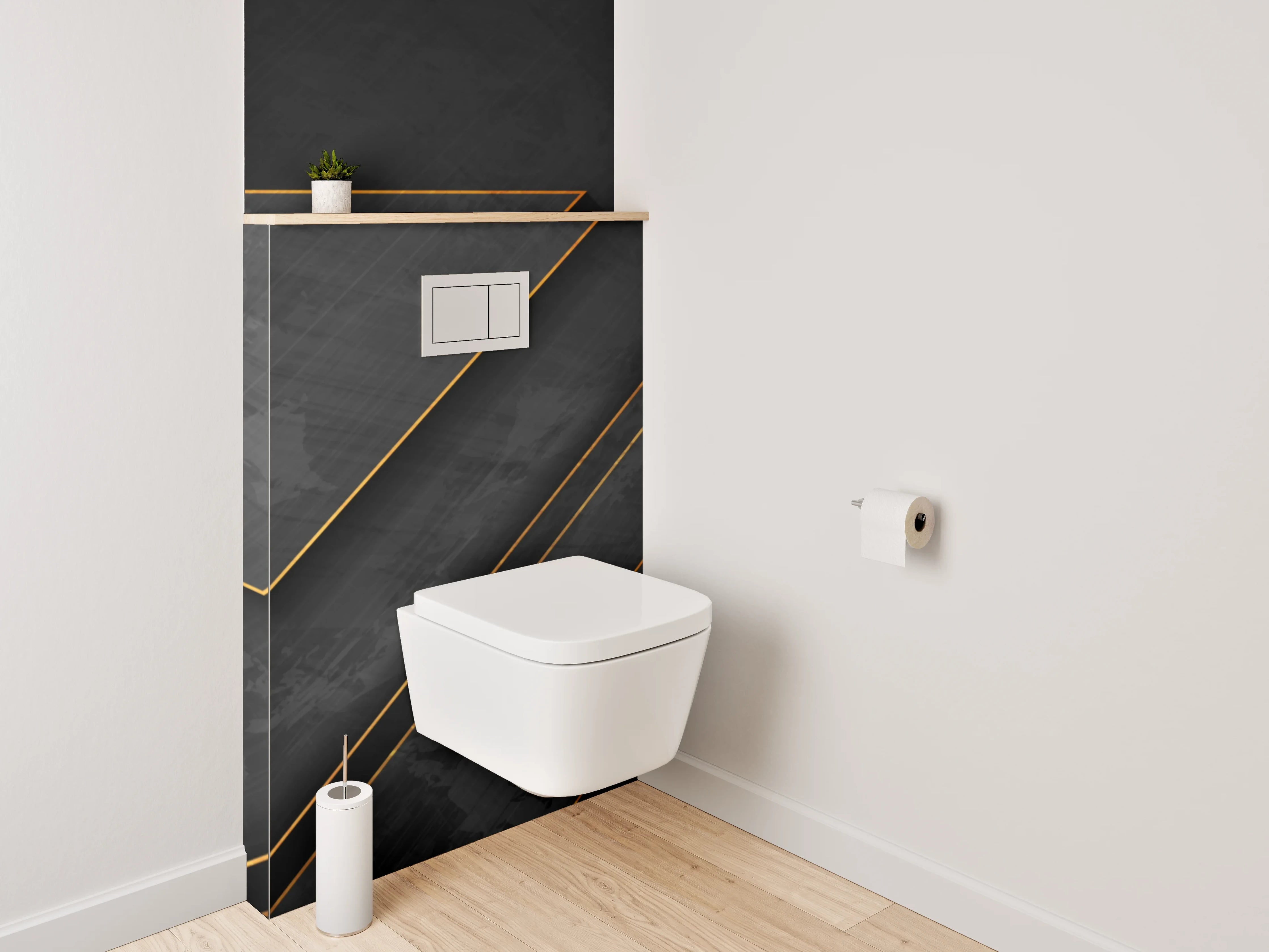 WC-Rückwand - Elegantes Schwarz-Gold Geometrie Design