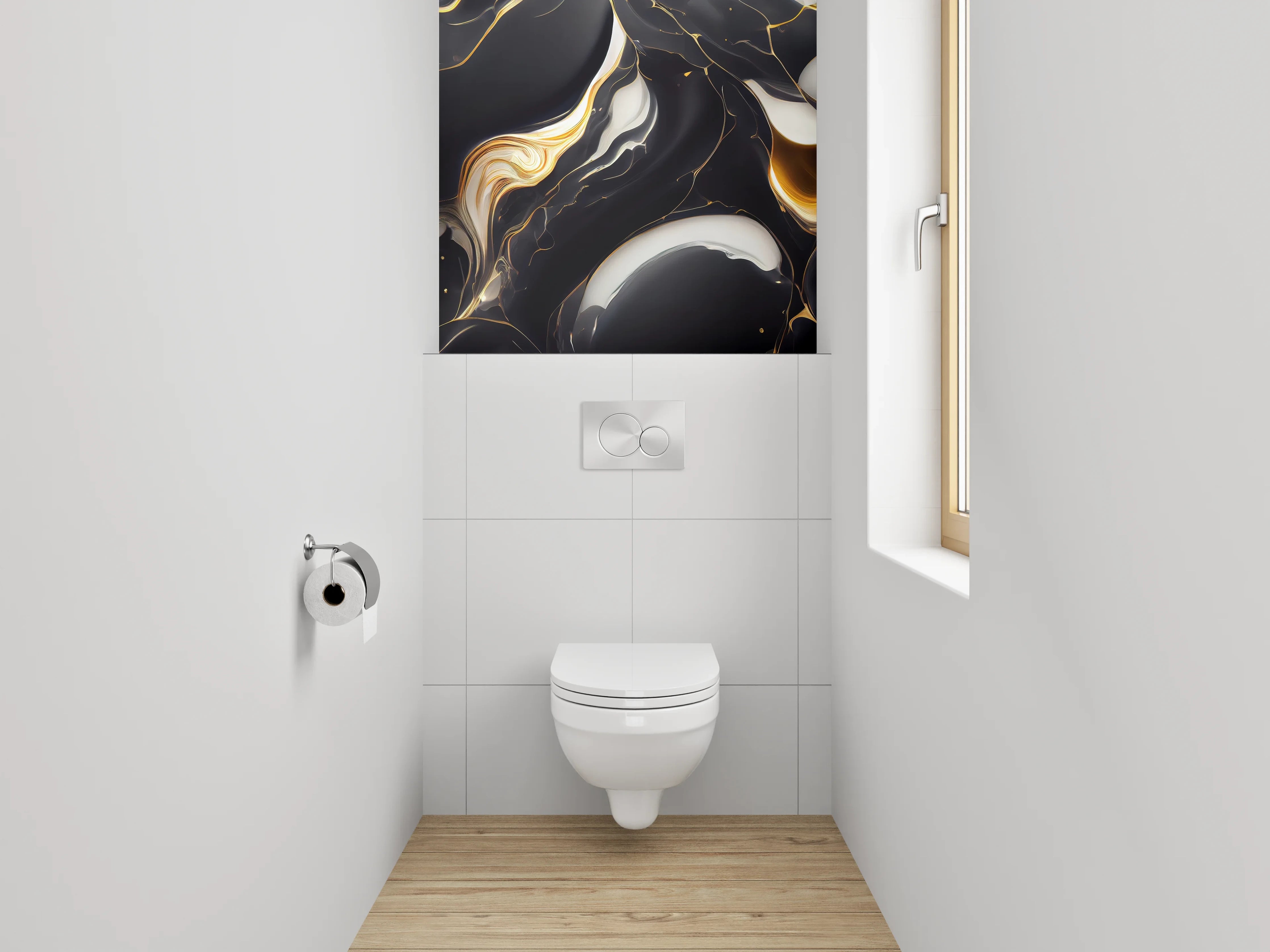 WC-Rückwand - Elegantes Schwarz-Weiß-Gold Marmor Design