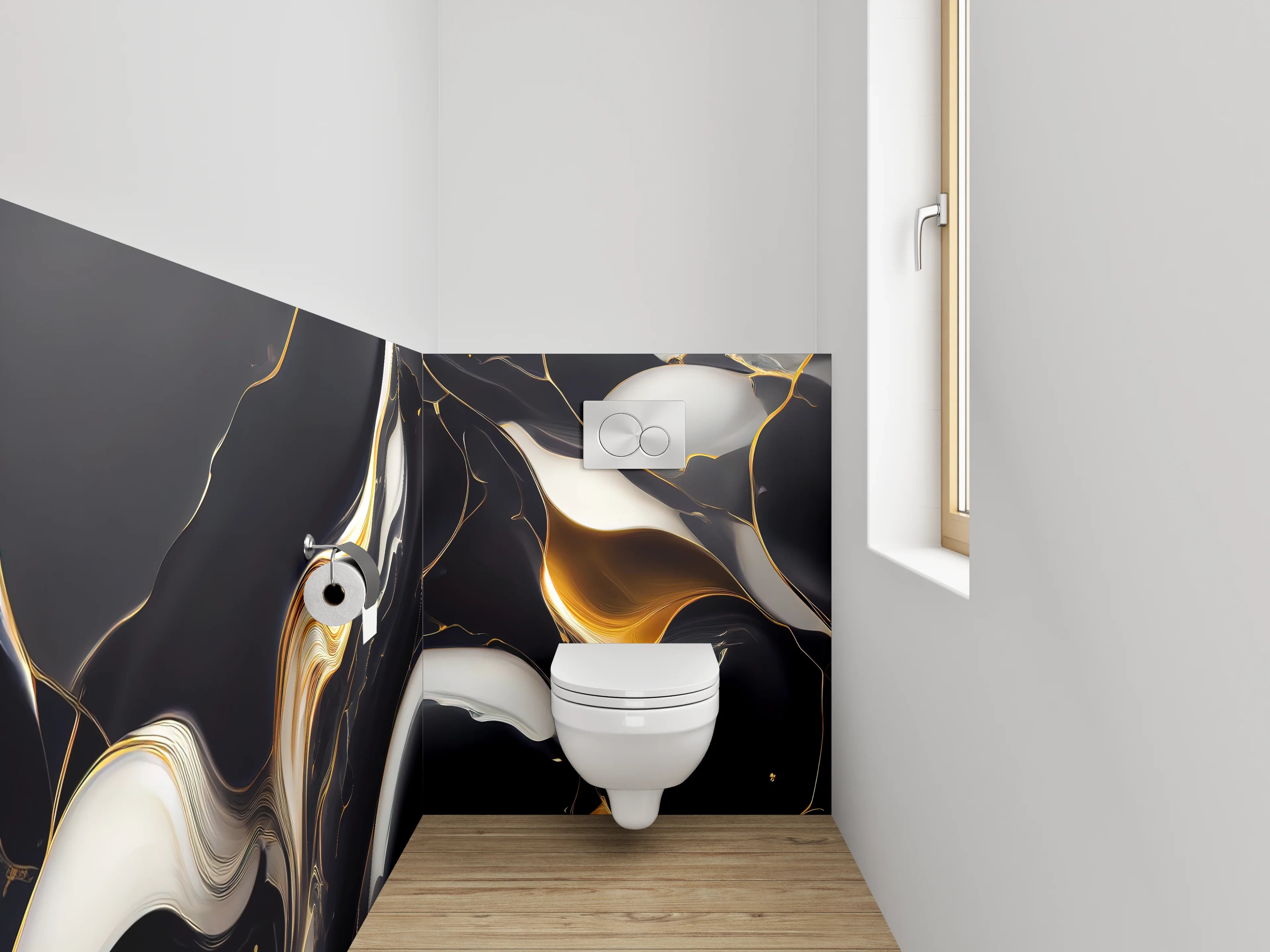 WC-Rückwand - Elegantes Schwarz-Weiß-Gold Marmor Design