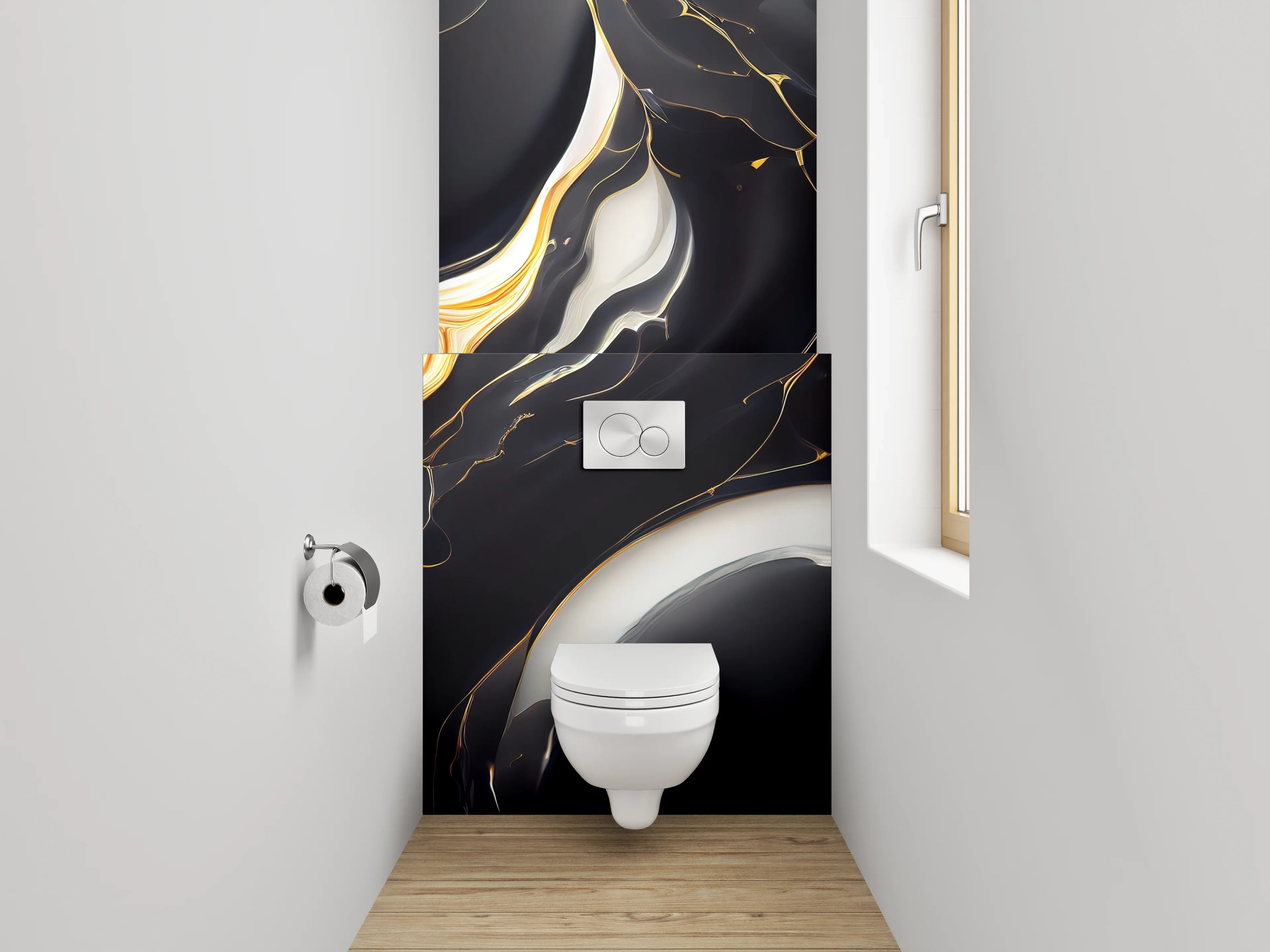 WC-Rückwand - Elegantes Schwarz-Weiß-Gold Marmor Design