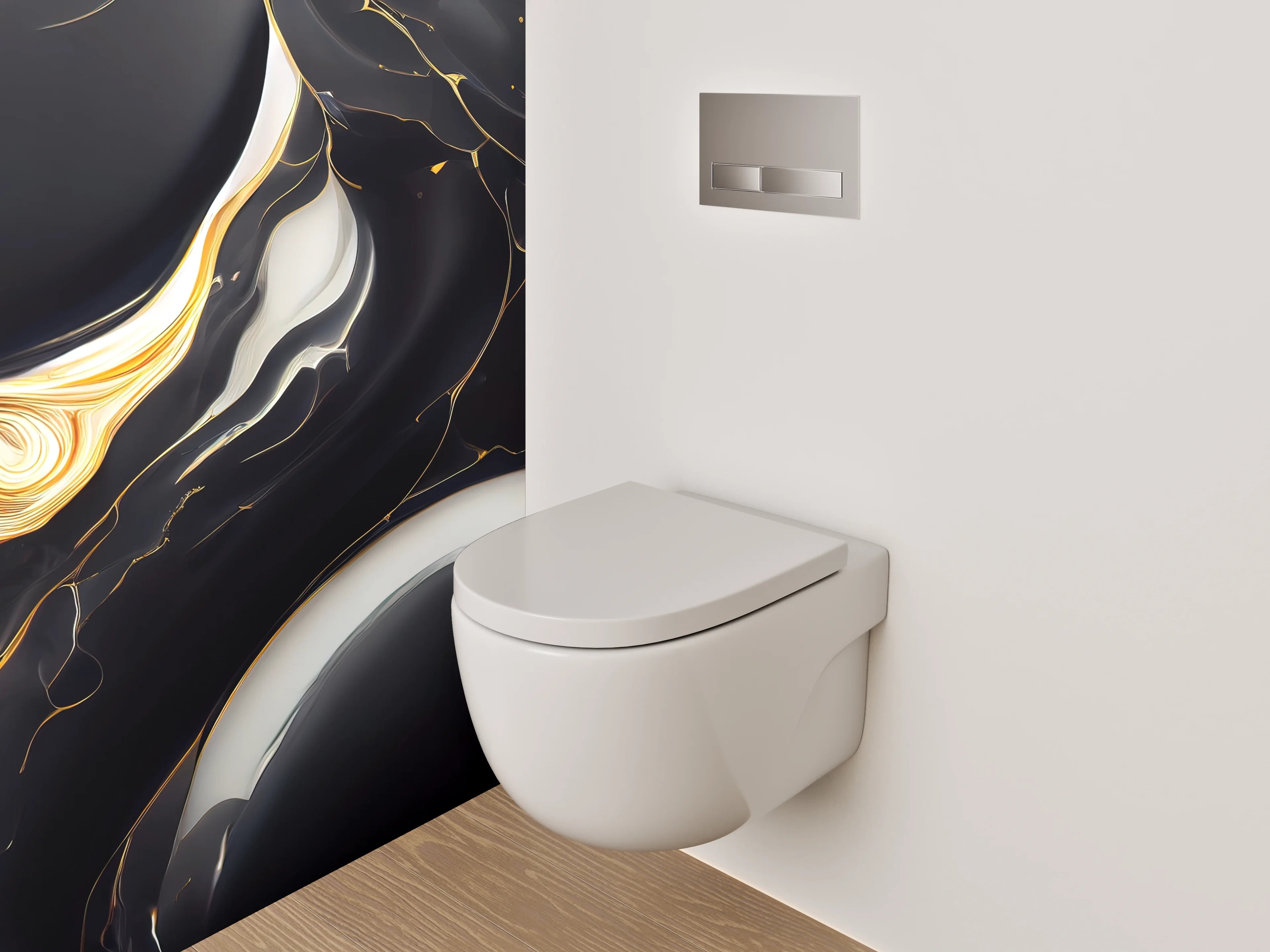 WC-Rückwand - Elegantes Schwarz-Weiß-Gold Marmor Design