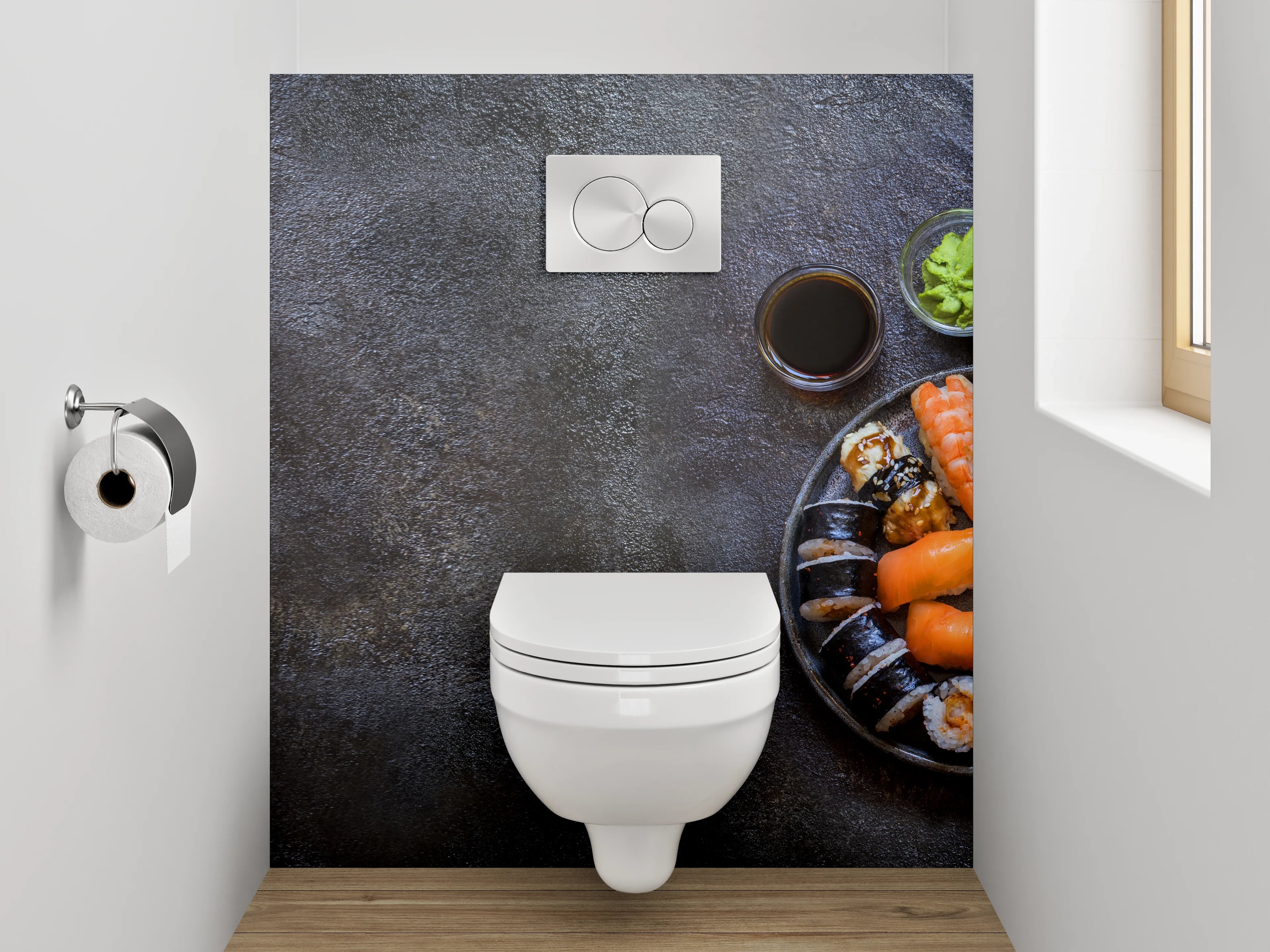 WC-Rückwand - Elegantes Sushi-Arrangement auf dunklem Untergrund