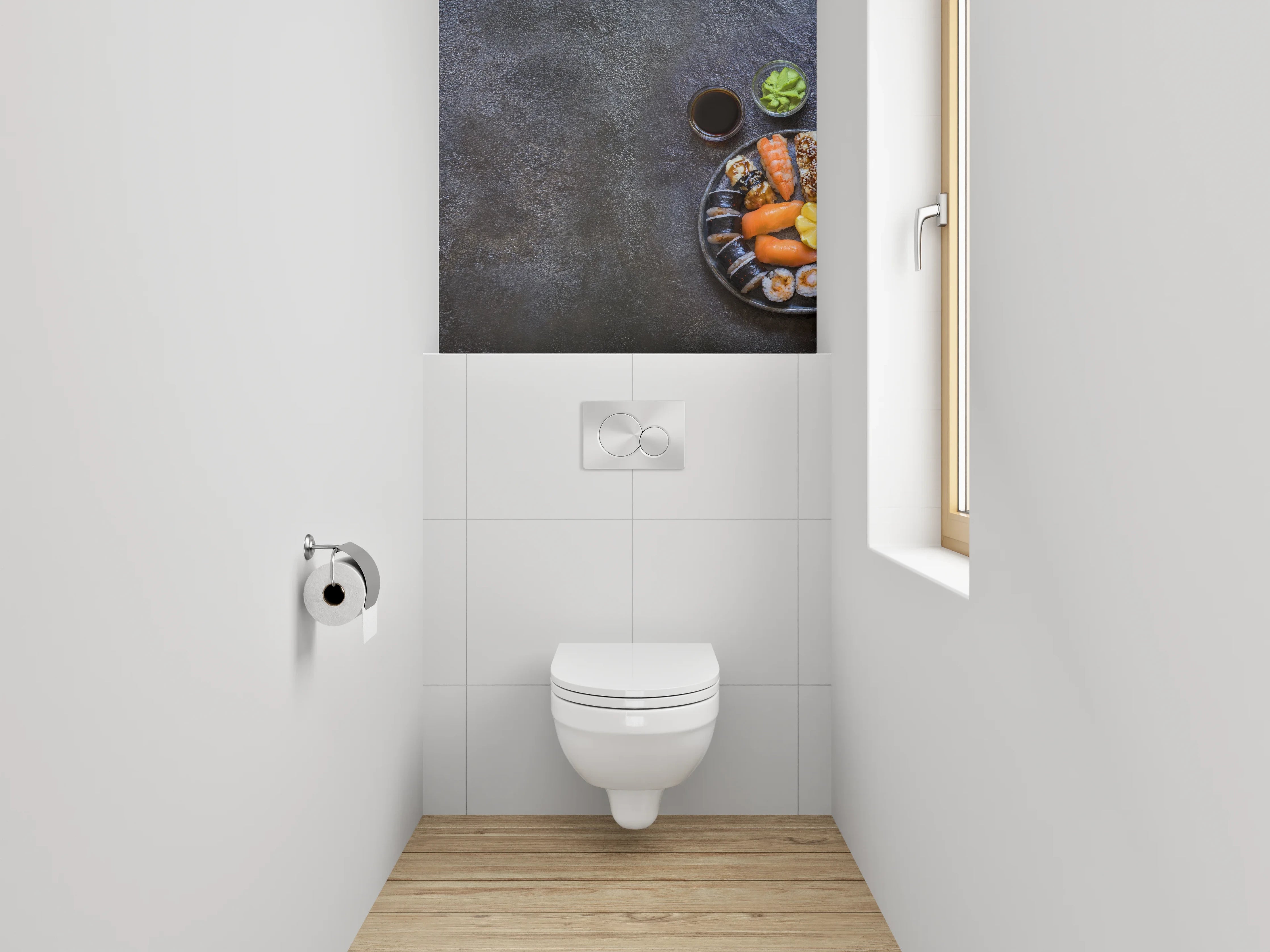 WC-Rückwand - Elegantes Sushi-Arrangement auf dunklem Untergrund