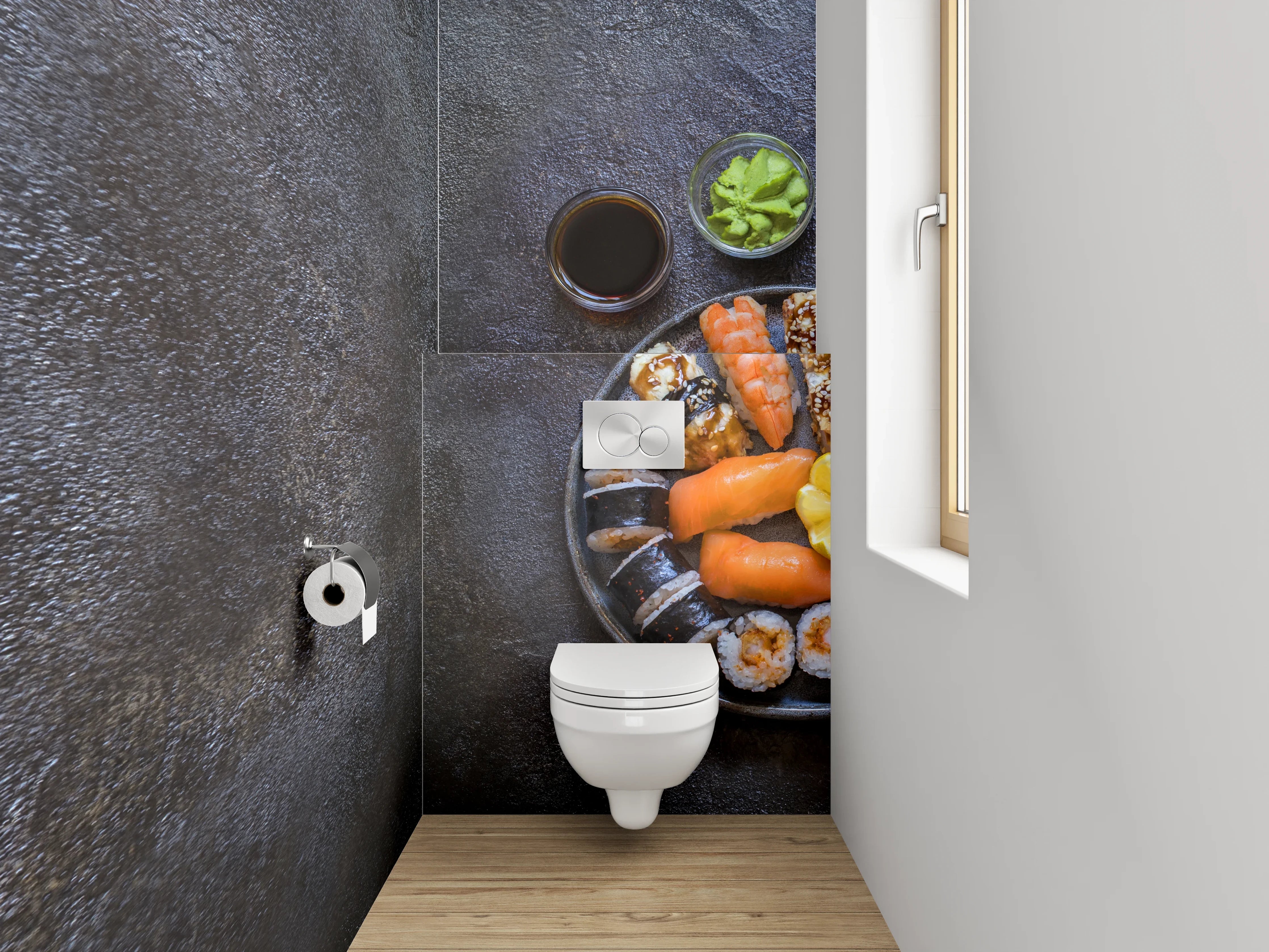 WC-Rückwand - Elegantes Sushi-Arrangement auf dunklem Untergrund