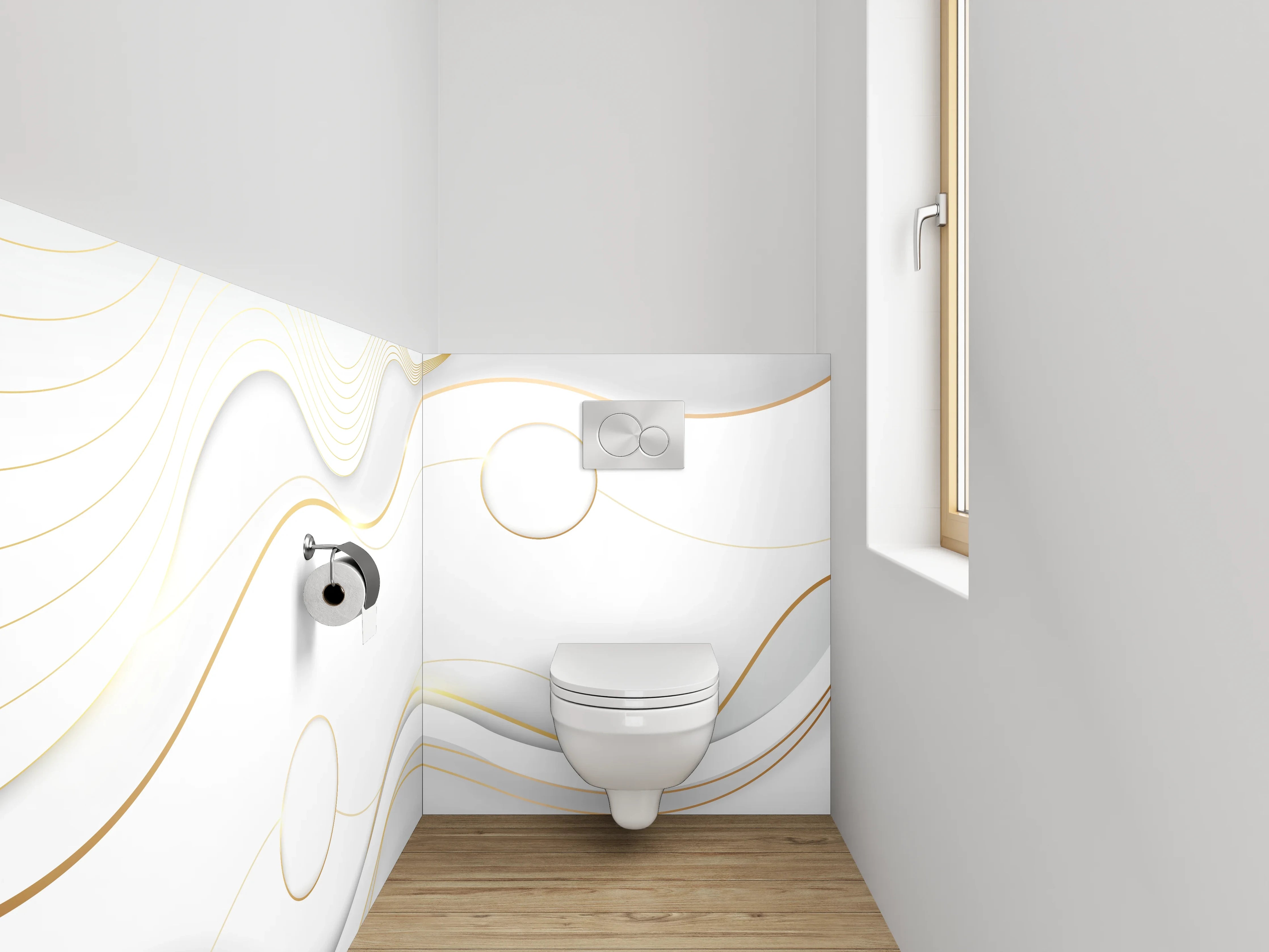 WC-Rückwand - Elegantes Weiß-Gold Linienmuster