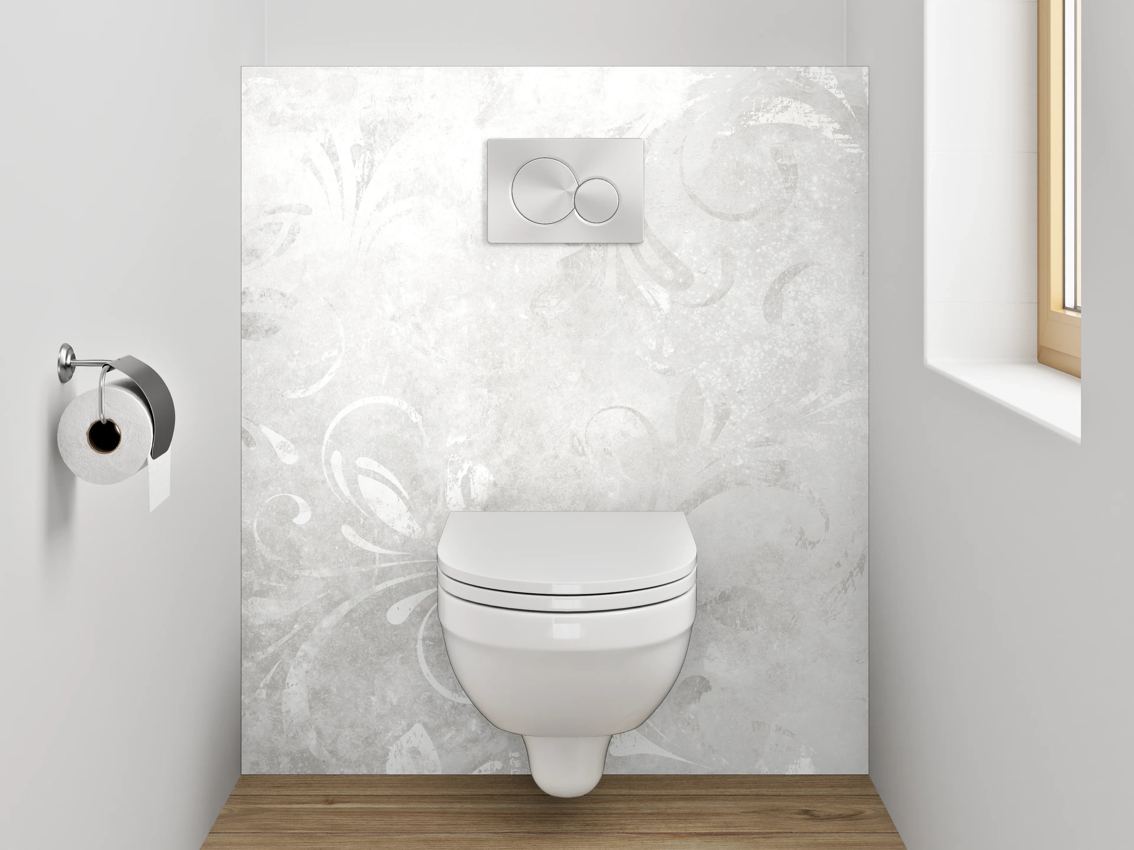 WC-Rückwand - Elegantes Weiß-Grau Ornament Design