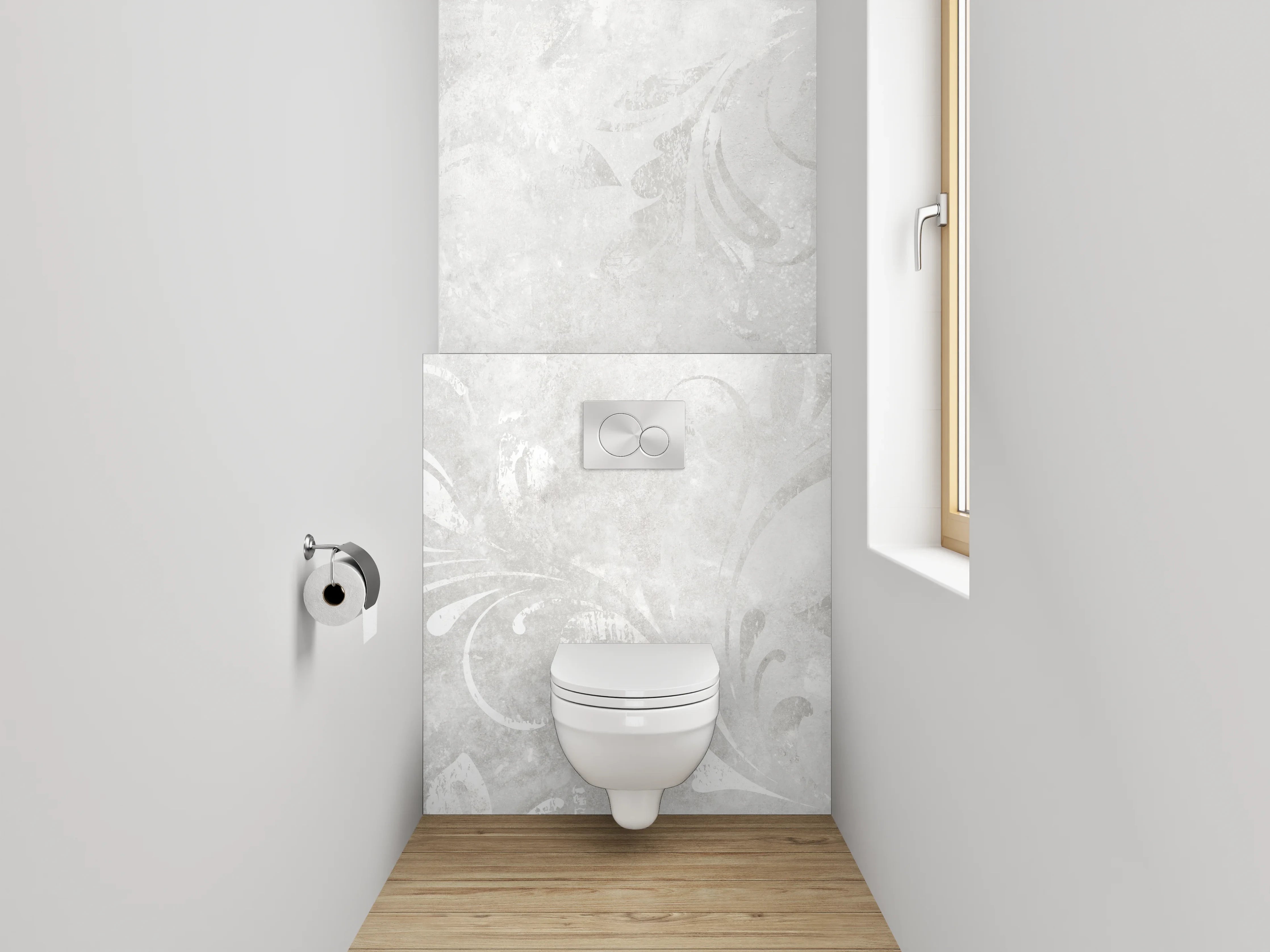 WC-Rückwand - Elegantes Weiß-Grau Ornament Design