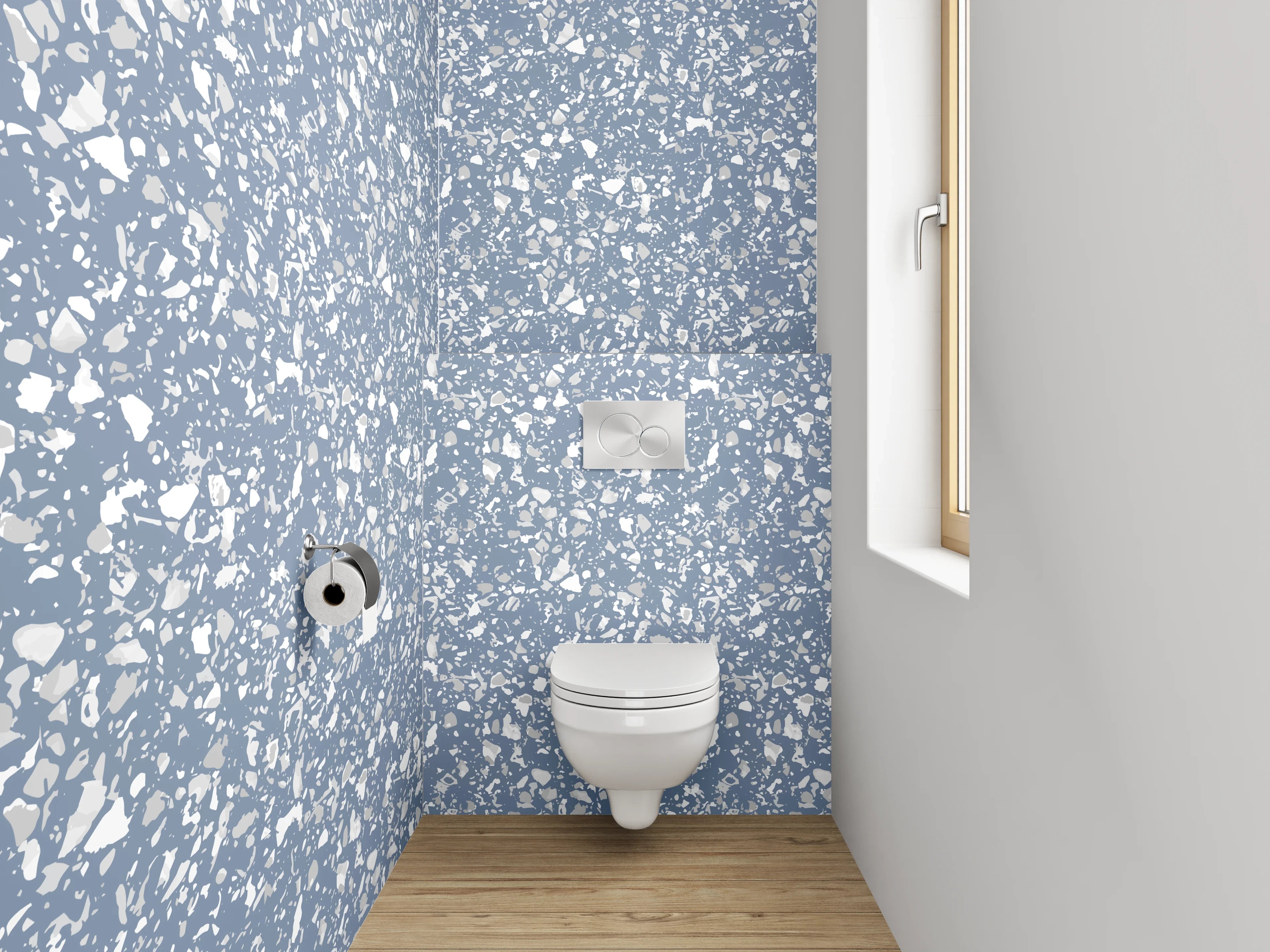 WC-Rückwand - Elegantes blau-weißes Blütenmuster