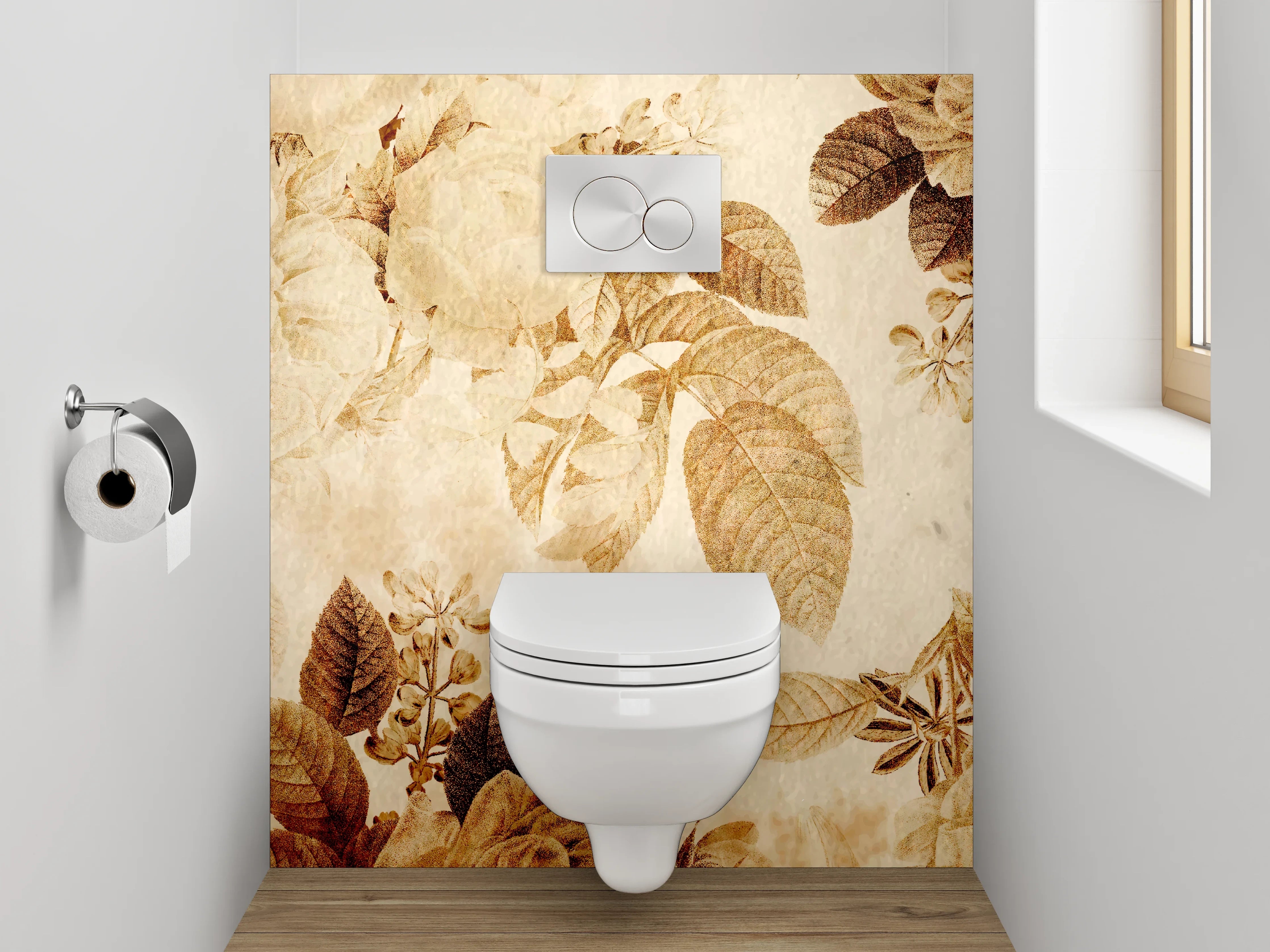 WC-Rückwand - Elegantes florales Design in warmen Beige- und Brauntönen