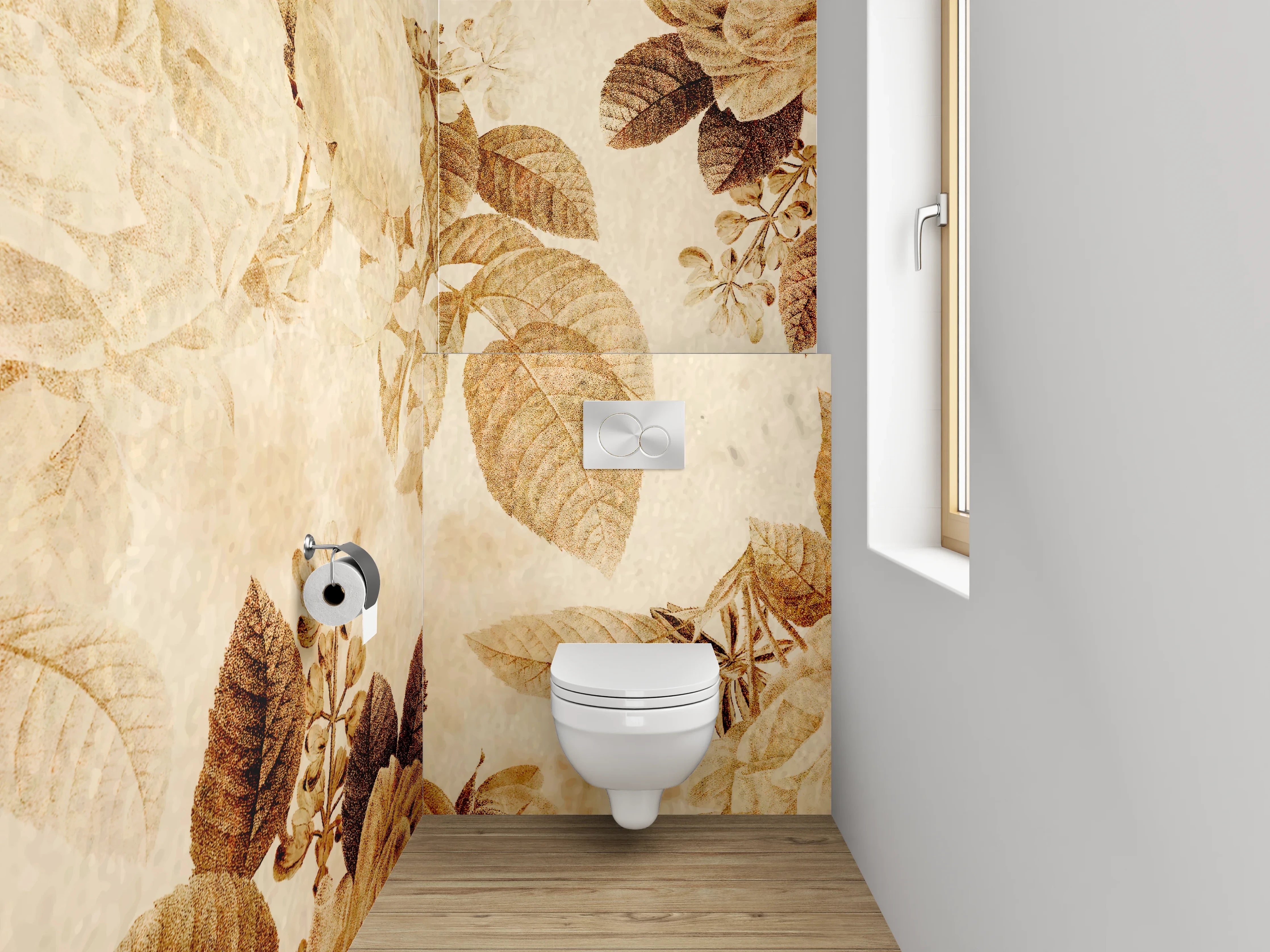 WC-Rückwand - Elegantes florales Design in warmen Beige- und Brauntönen