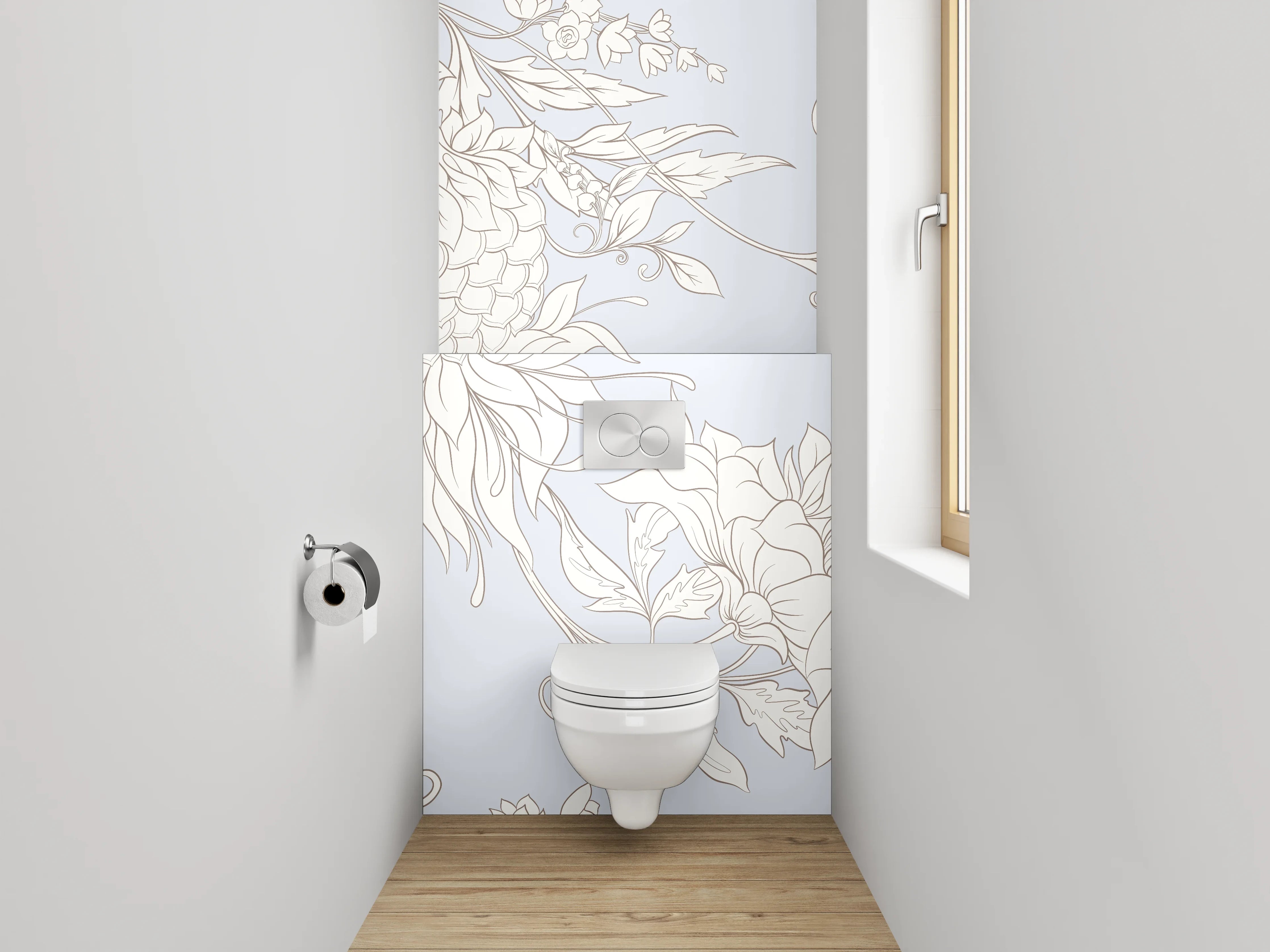 WC-Rückwand - Elegantes florales Lineart-Design in Weiß