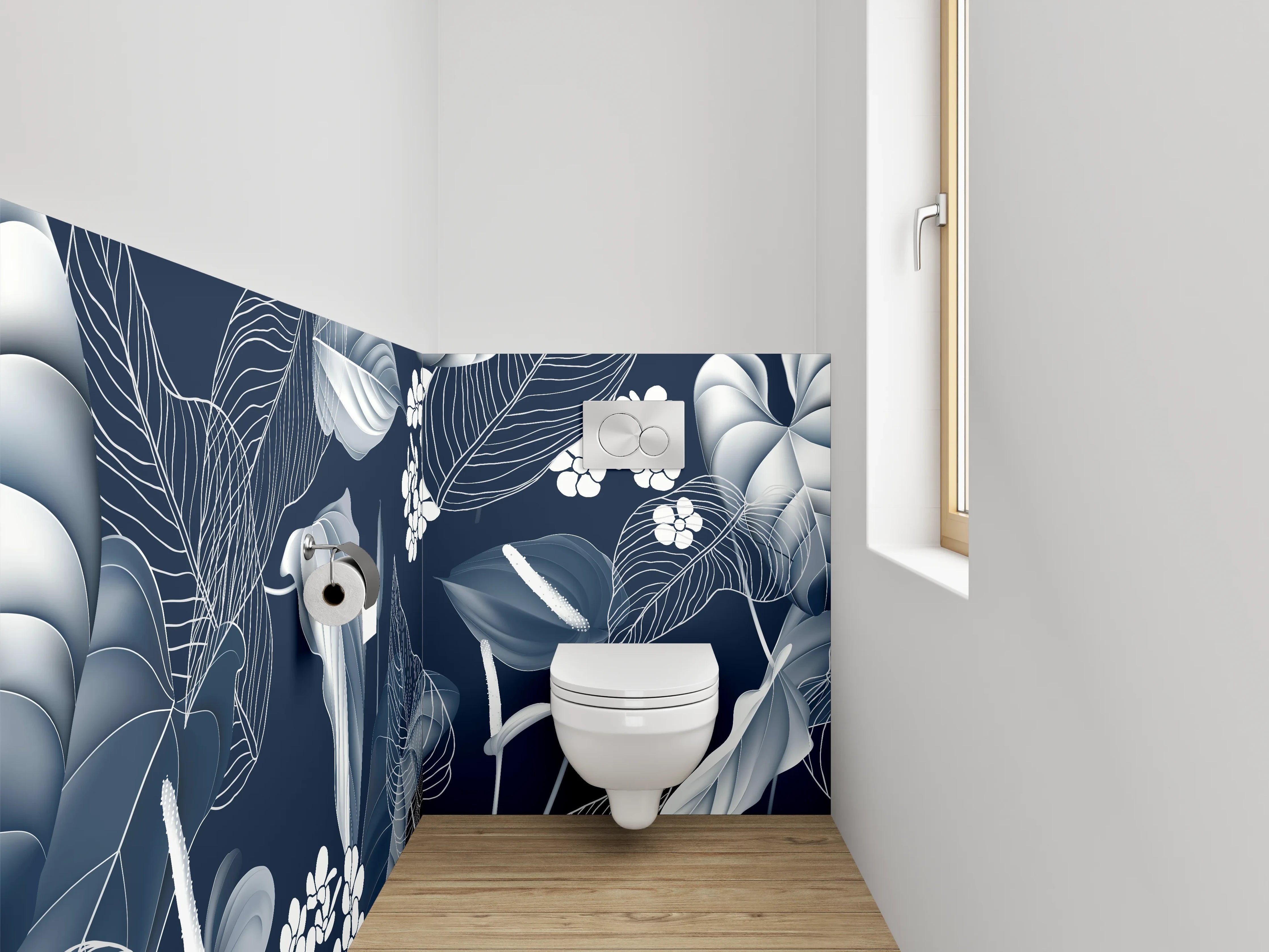 WC-Rückwand - Elegantes florales Lineart-Muster Schwarz-Weiß