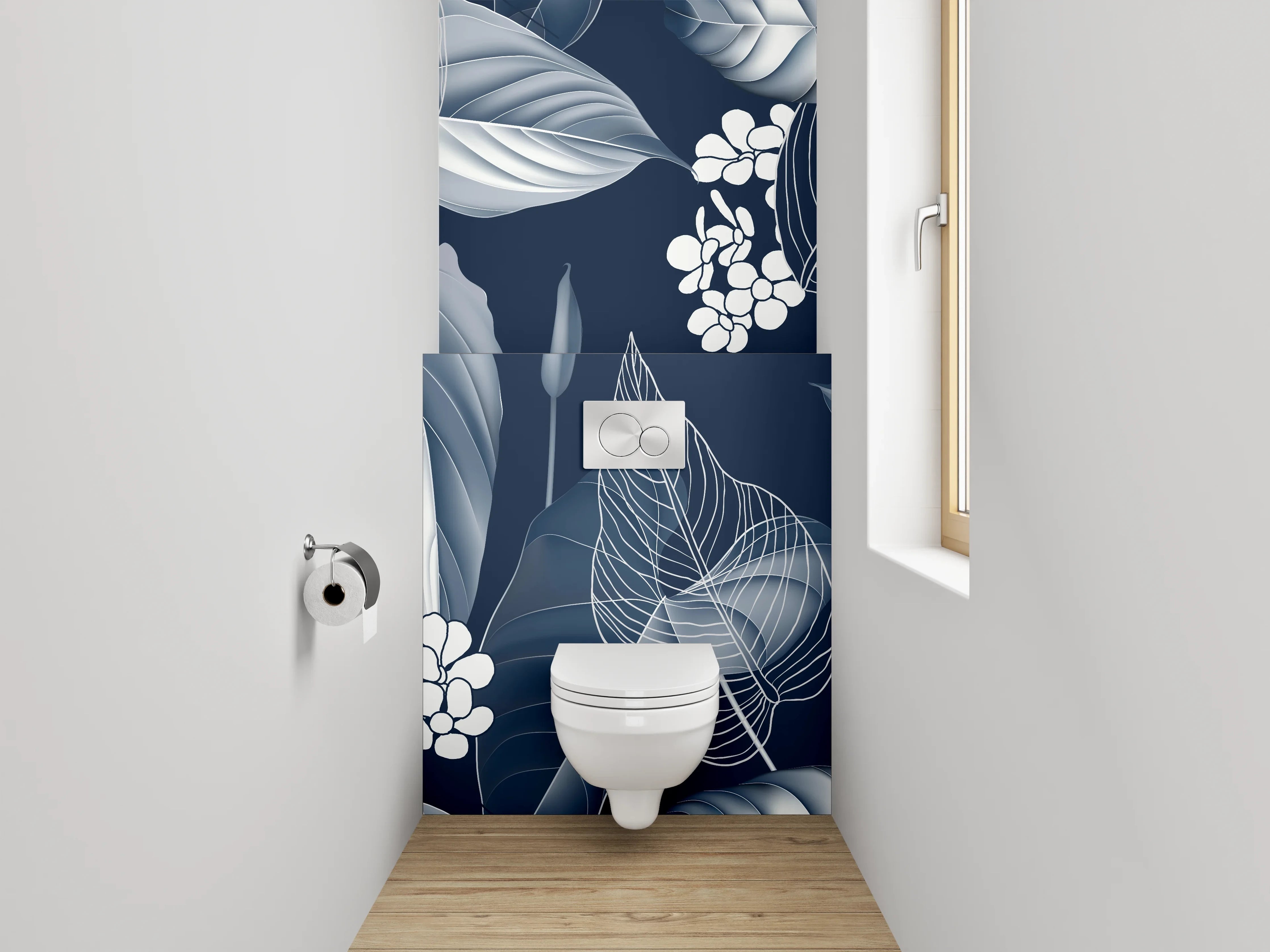 WC-Rückwand - Elegantes florales Lineart-Muster Schwarz-Weiß