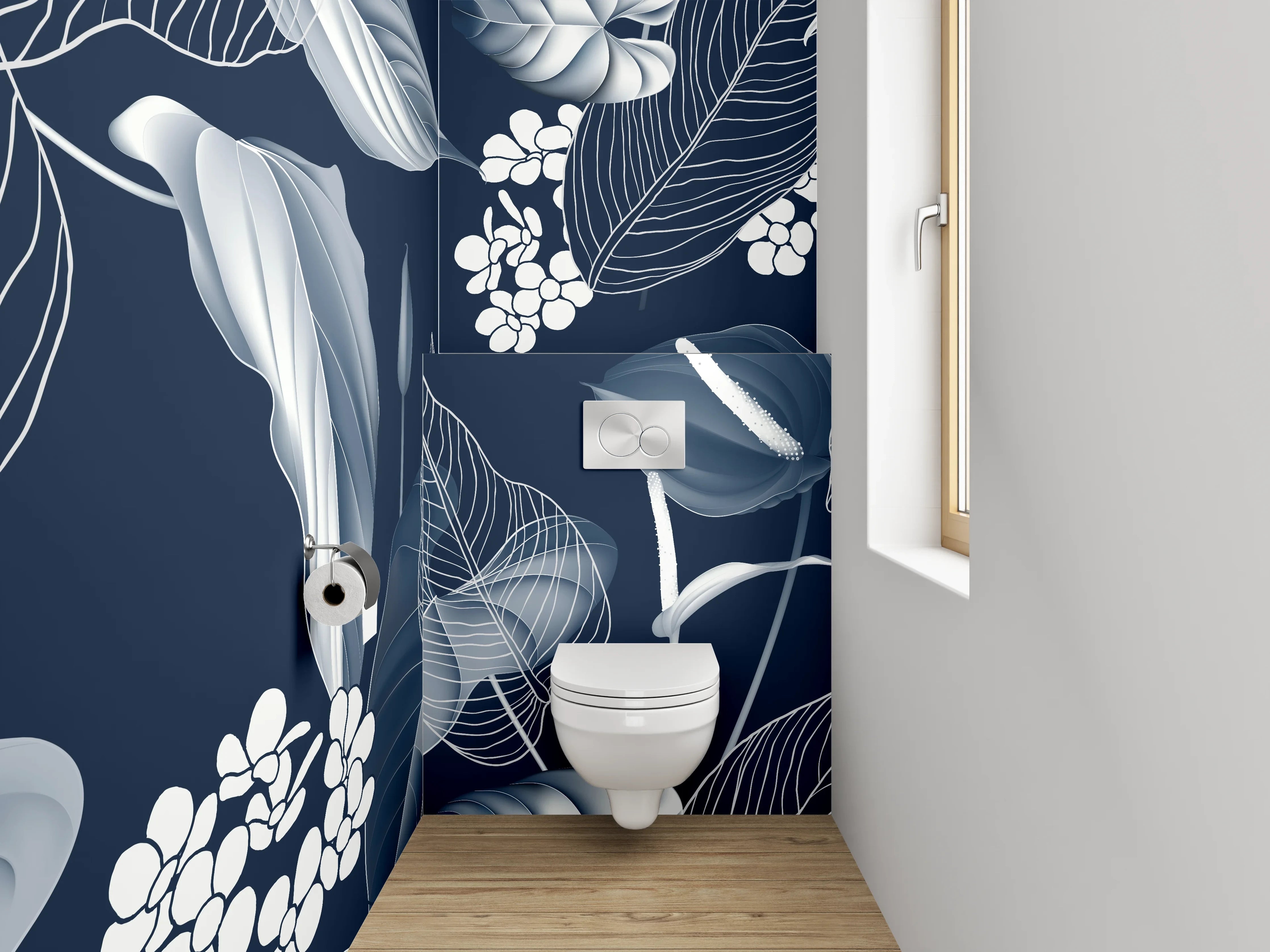 WC-Rückwand - Elegantes florales Lineart-Muster Schwarz-Weiß