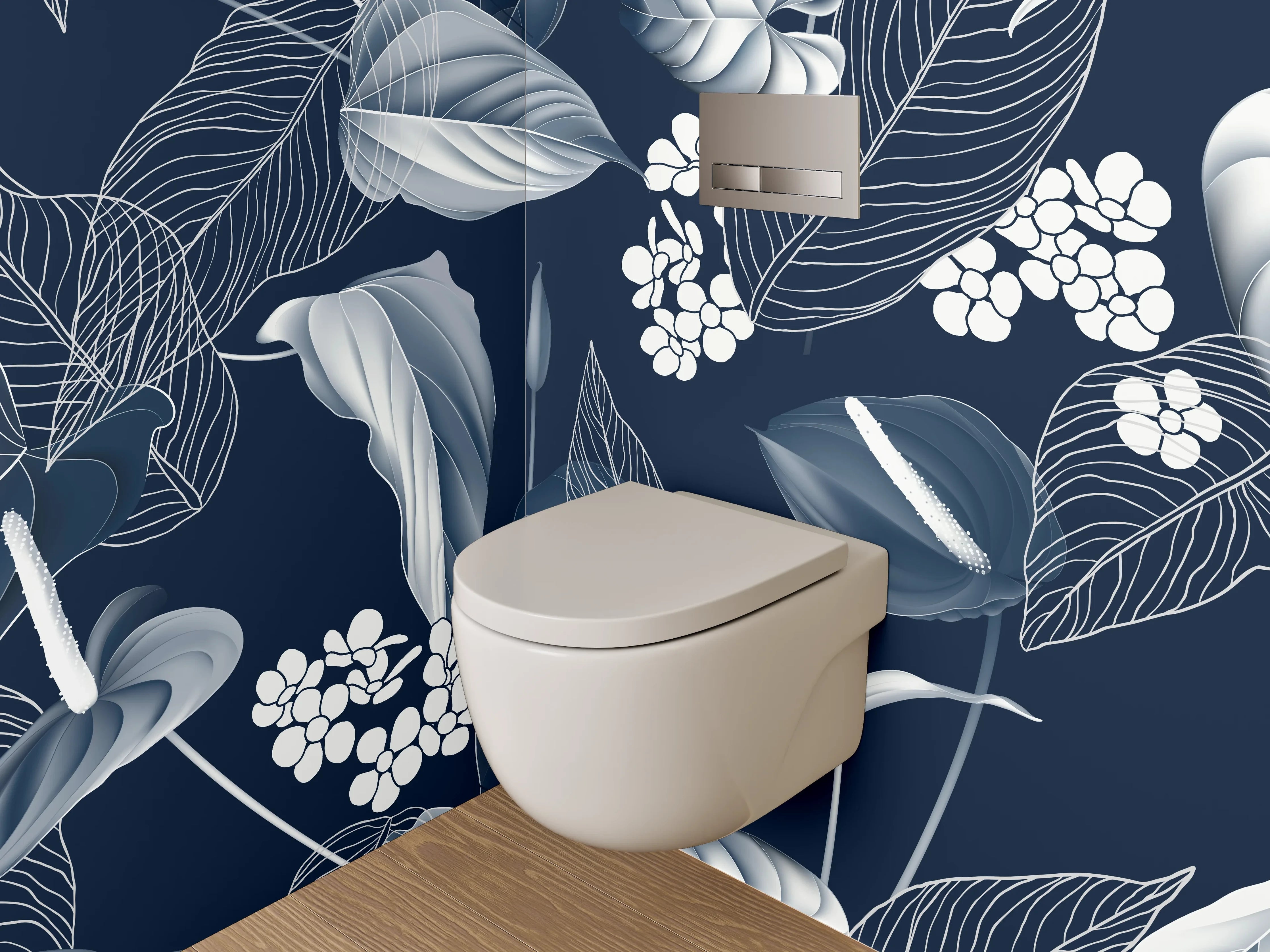 WC-Rückwand - Elegantes florales Lineart-Muster Schwarz-Weiß