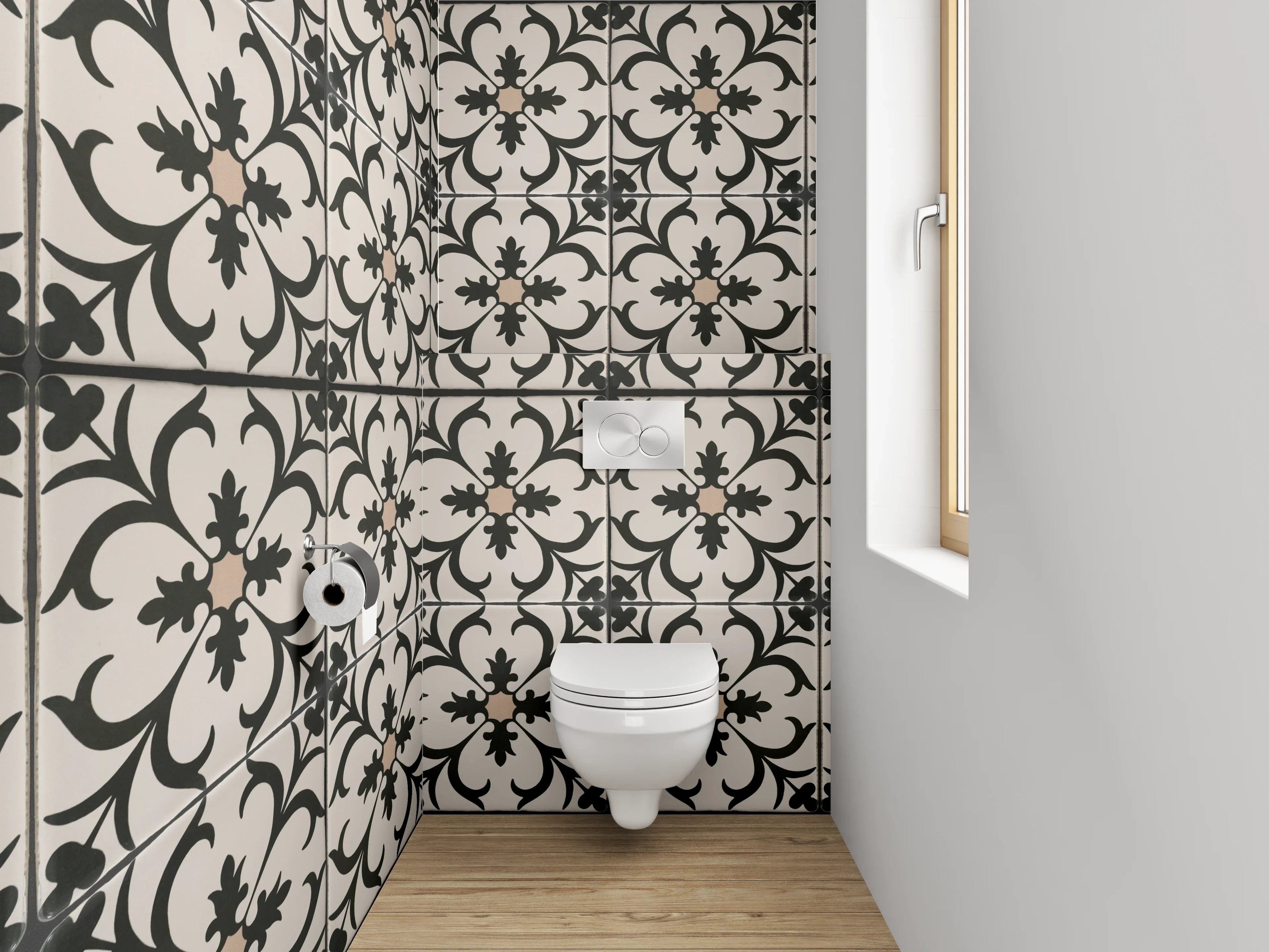WC-Rückwand - Elegantes florales Ornamentmuster Schwarz-Weiß