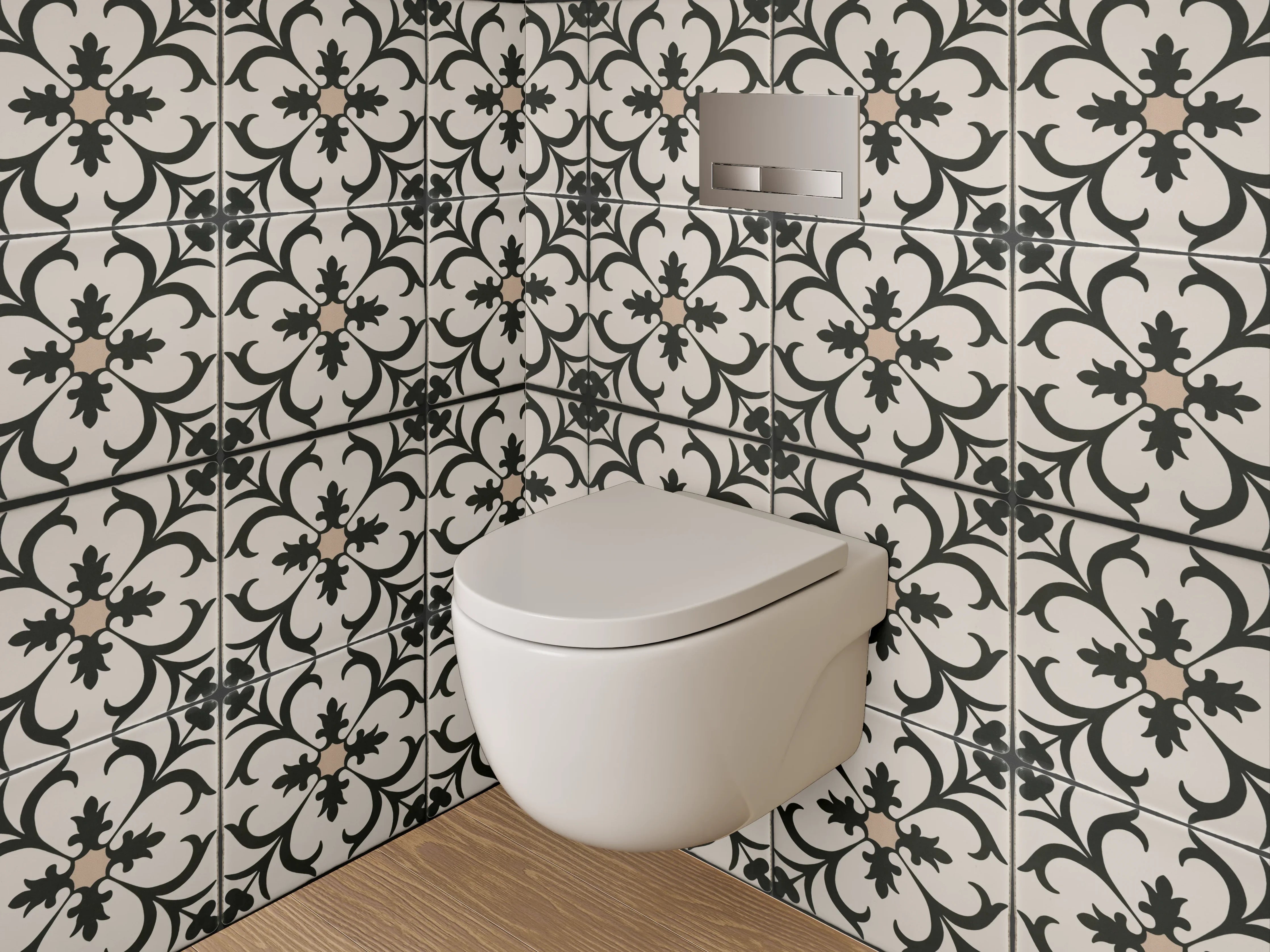 WC-Rückwand - Elegantes florales Ornamentmuster Schwarz-Weiß