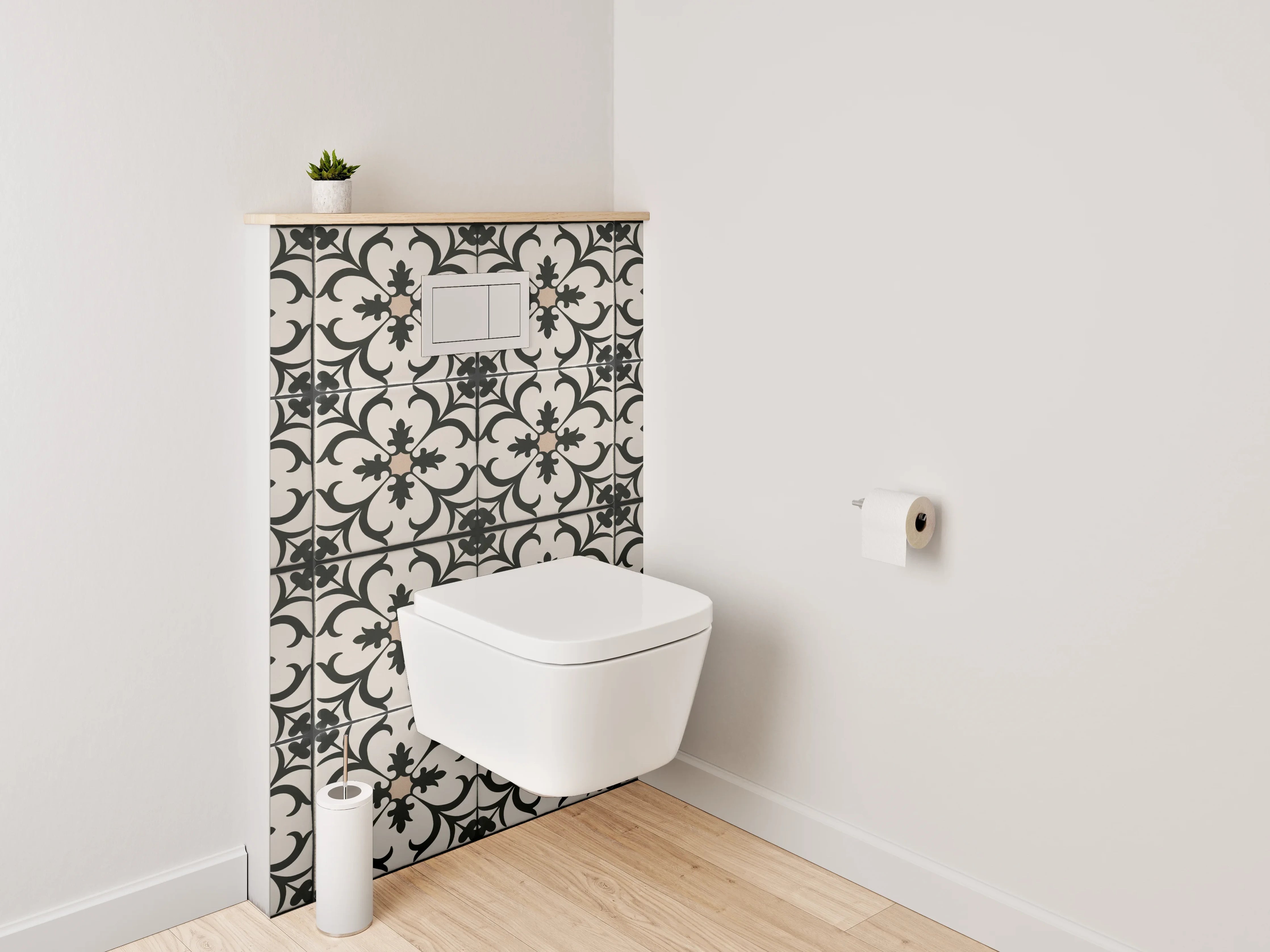 WC-Rückwand - Elegantes florales Ornamentmuster Schwarz-Weiß