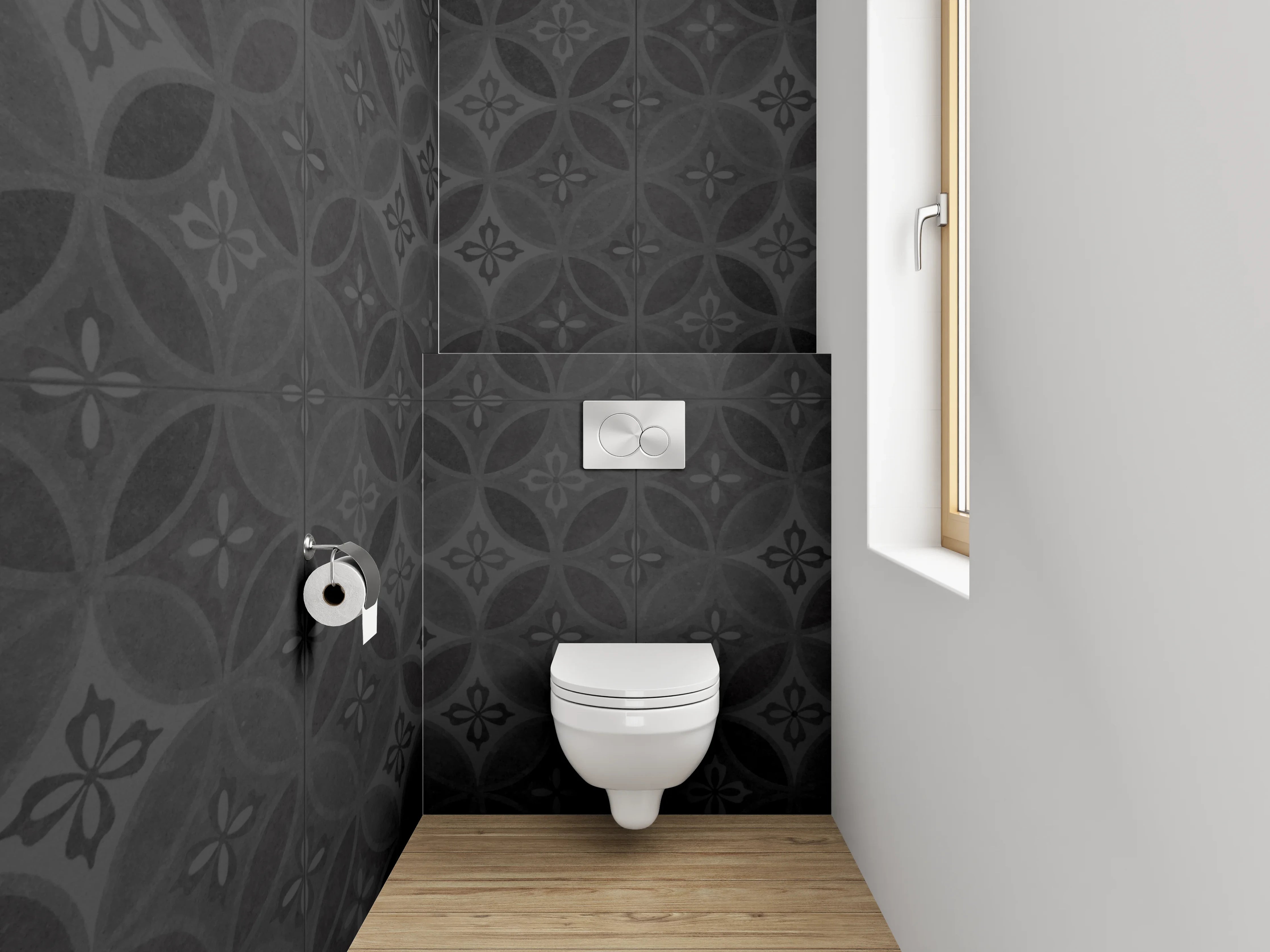 WC-Rückwand - Elegantes schwarzes Ornament-Muster