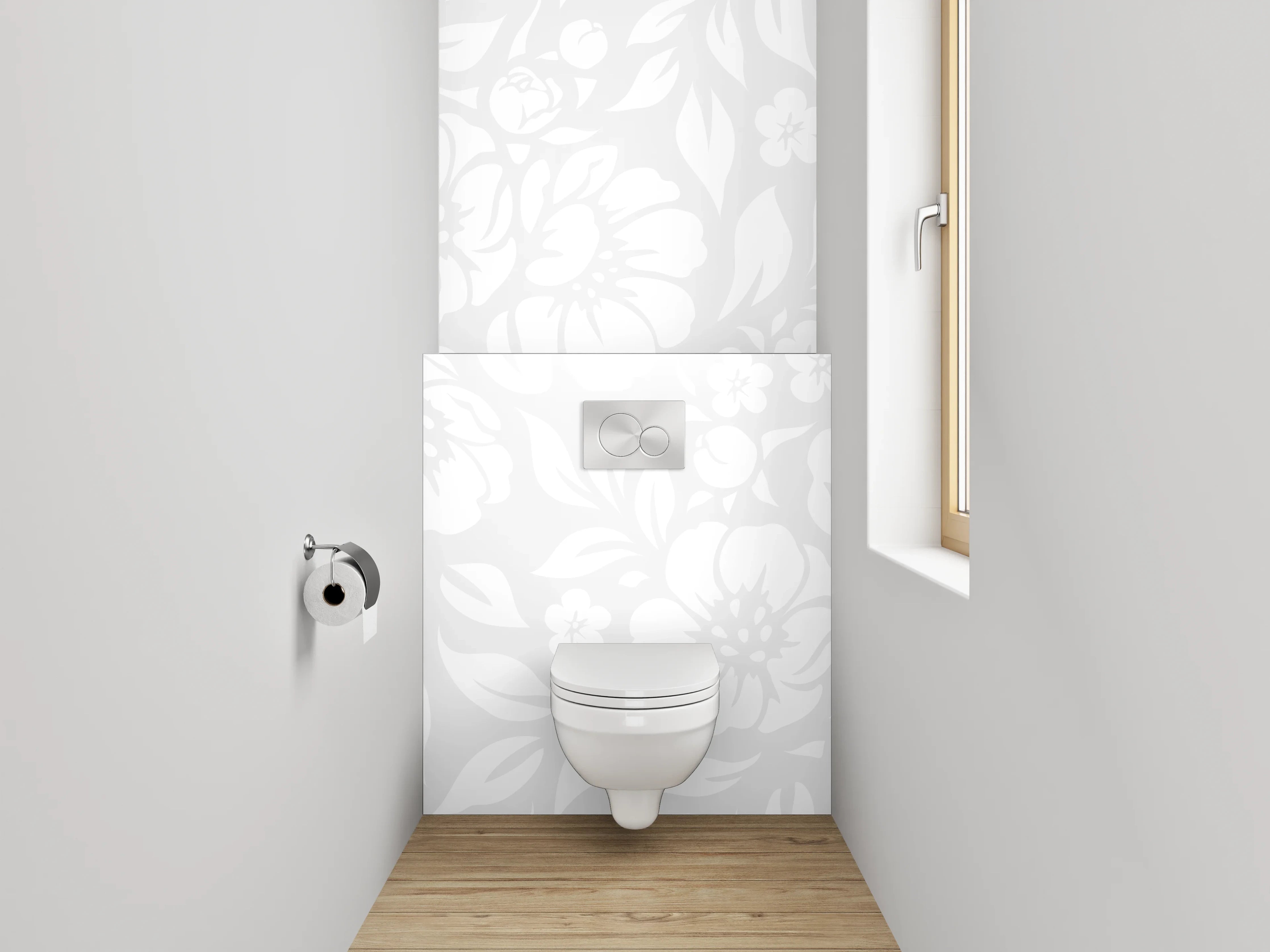WC-Rückwand - Elegantes weiß-graues Blumenmuster Dekor