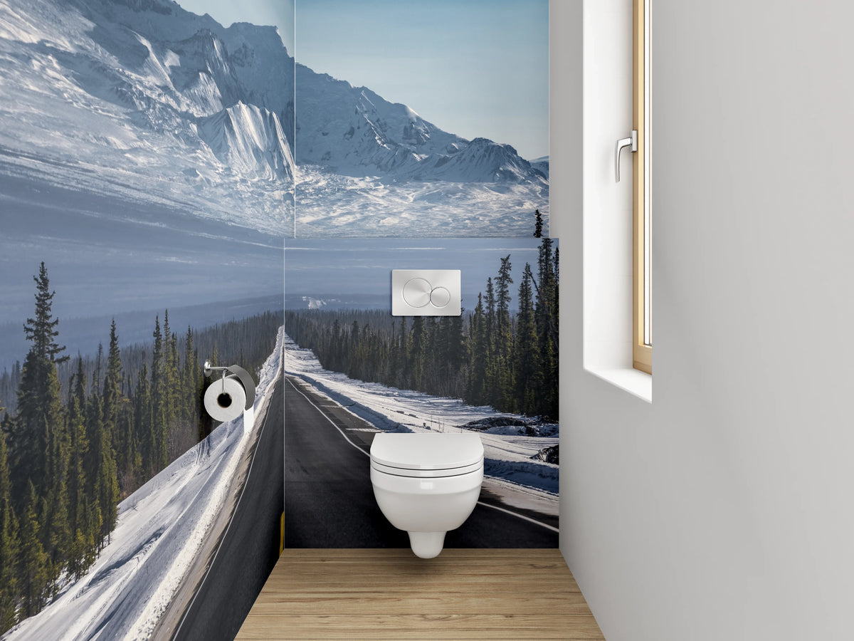 WC-Rückwand - Endlose Straße zu schneebedeckten Bergen